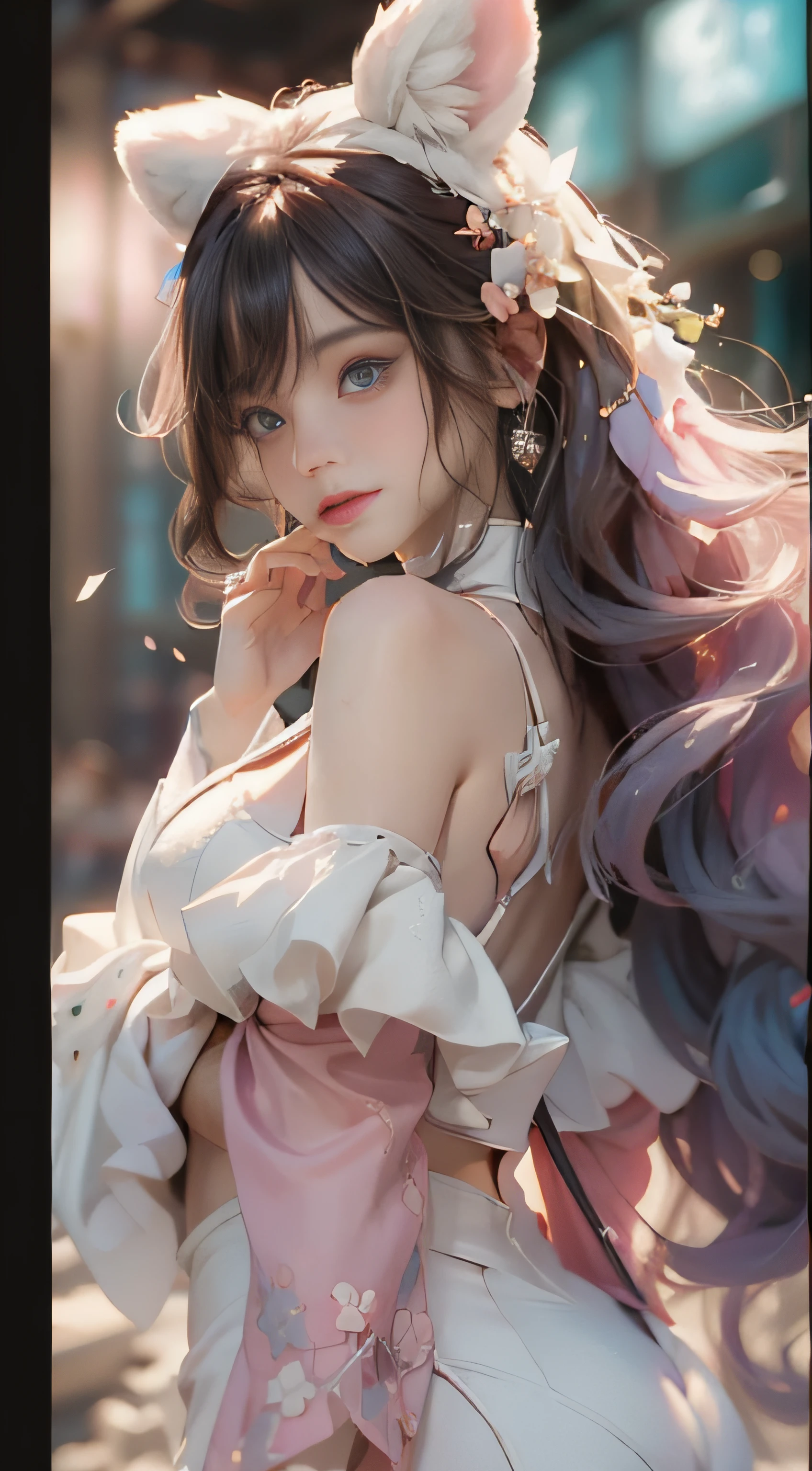 （（best qualtiy））， （（tmasterpiece））， （detail：1.4）， Beautiful cyberpunk female images，hdr（HighDynamicRange），Ray traching，NVIDIA RTX，Hyper-Resolution，illusory ub surface scaing，PBR textures，post-proces，Anisotropy Filtering，depth of fields，maximum definition and sharpness，Many-Layer Textures，Albedo e mapas Speculares，Surface coloring，Mitsu-Accurate simulation of material interacctly proportioned，rendering by octane，Two-colored light，largeaperture，Low ISO，White balance，Rule three points、8K raw data、Beautiful bright blue pupils，off-the-shoulder clothes，Fine pupils，Delicate face and eyes，long eyelasher，Blushlush，Delicate and fluffy hair，pink lip，Pure，Cute face，Sweet girl，Artistic sense，Casual wear，Advancedsense，butterflys，Cherry som petal，Beautiful hair accessories，Long hair and waist，Hair fluttering in the wind，Snow-white fox ears，curlies，Snow-white fluffy tail，Positive light，The light from the back window is backlighted