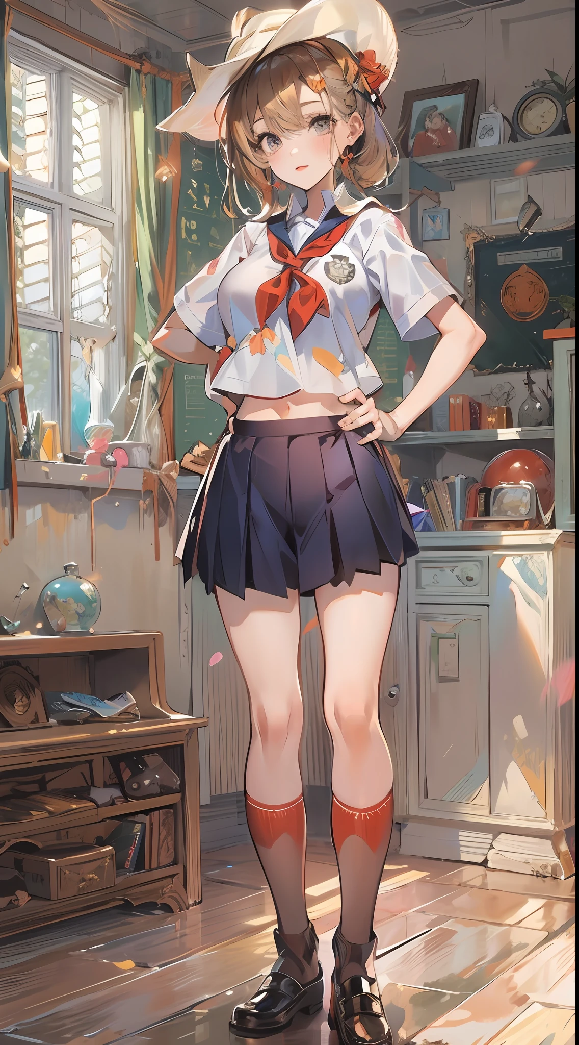 1girl,large breasts,midriff,
indoors,bedroom,standing,cowboy shot, ((school_uniform))