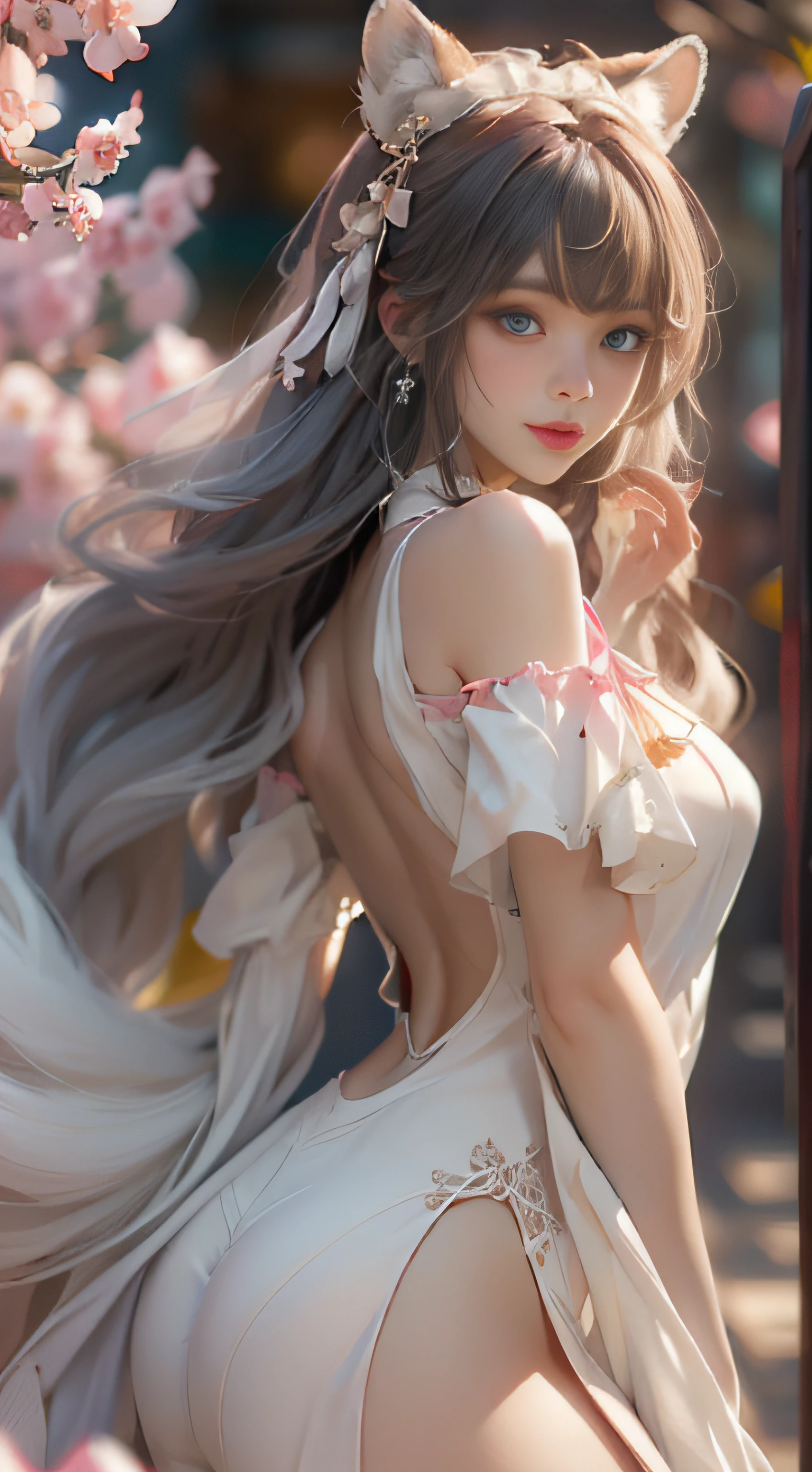 ((best qualtiy)), ((tmasterpiece)), (detail:1.4), Beautiful cyberpunk female images,hdr(HighDynamicRange),Ray traching,NVIDIA RTX,Hyper-Resolution,illusory 5,sub surface scattering,PBR textures,post-proces,Anisotropy Filtering,depth of fields,maximum definition and sharpness,Many-Layer Textures,Albedo e mapas Speculares,Surface coloring,Mitsu-Accurate simulation of material interactions,perfectly proportioned,rendering by octane,Two-colored light,largeaperture,Low ISO,White balance,Rule three points、8K raw data、Beautiful bright blue pupils,off-the-shoulder clothes,Fine pupils,Delicate face and eyes,long eyelasher,Blushlush,Delicate and fluffy hair,pink lip,Pure,Cute face,Sweet girl,Artistic sense,Casual wear,Advancedsense,butterflys,Cherry blossom petal,Beautiful hair accessories,Long hair and waist,Hair fluttering in the wind,Snow-white fox ears,curlies,Snow-white fluffy tail,Positive light,The light from the back window is backlighted