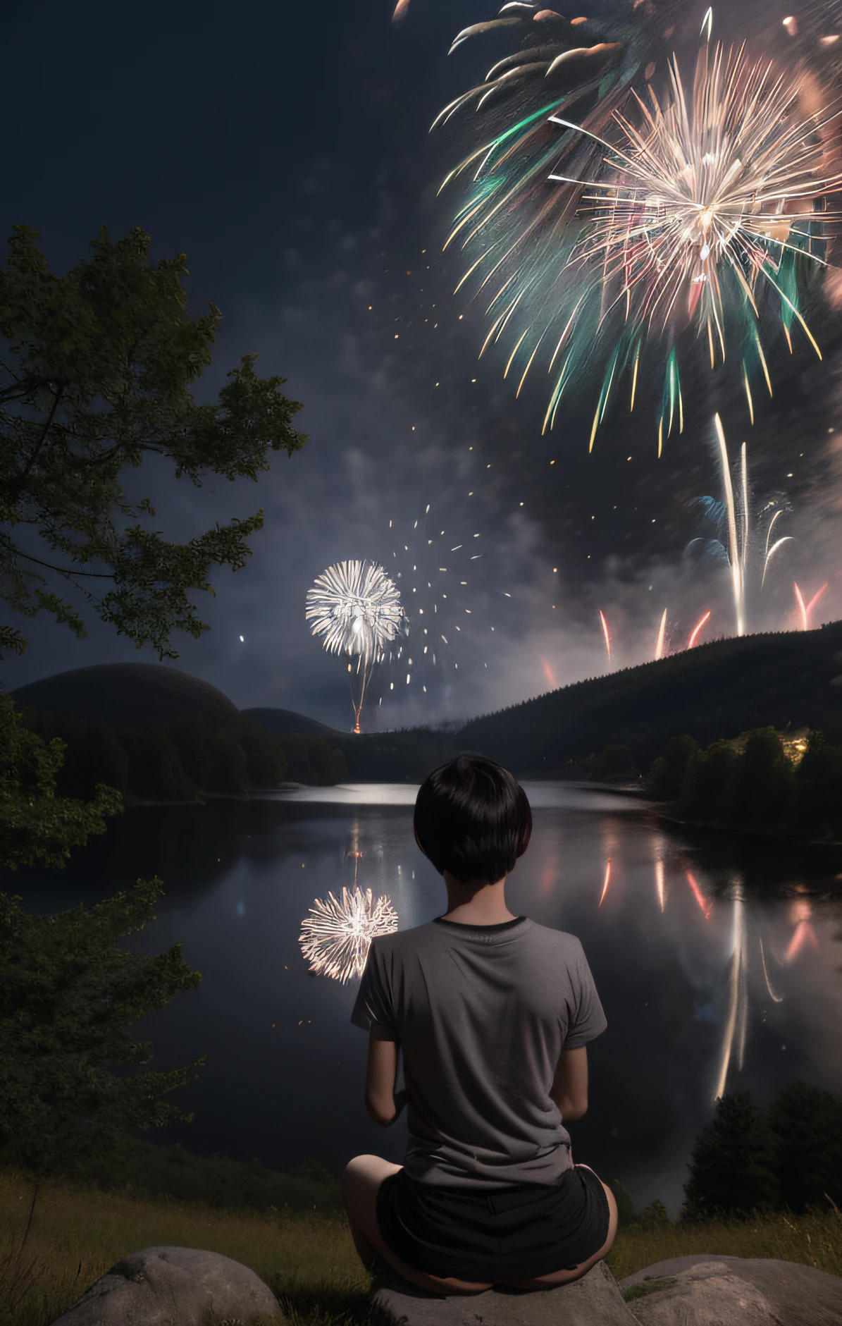 masterpiece、top-quality、posterior view、One girl、short-hair、A dark-haired、posterior view、(silhuette)、Dark Grey T-Shirt、Black skirt、(Sit on the ground)、((Physical education sitting))、(natta:1.9)、((Amazing fireworks))、forest clearing、by lake、on a hill、