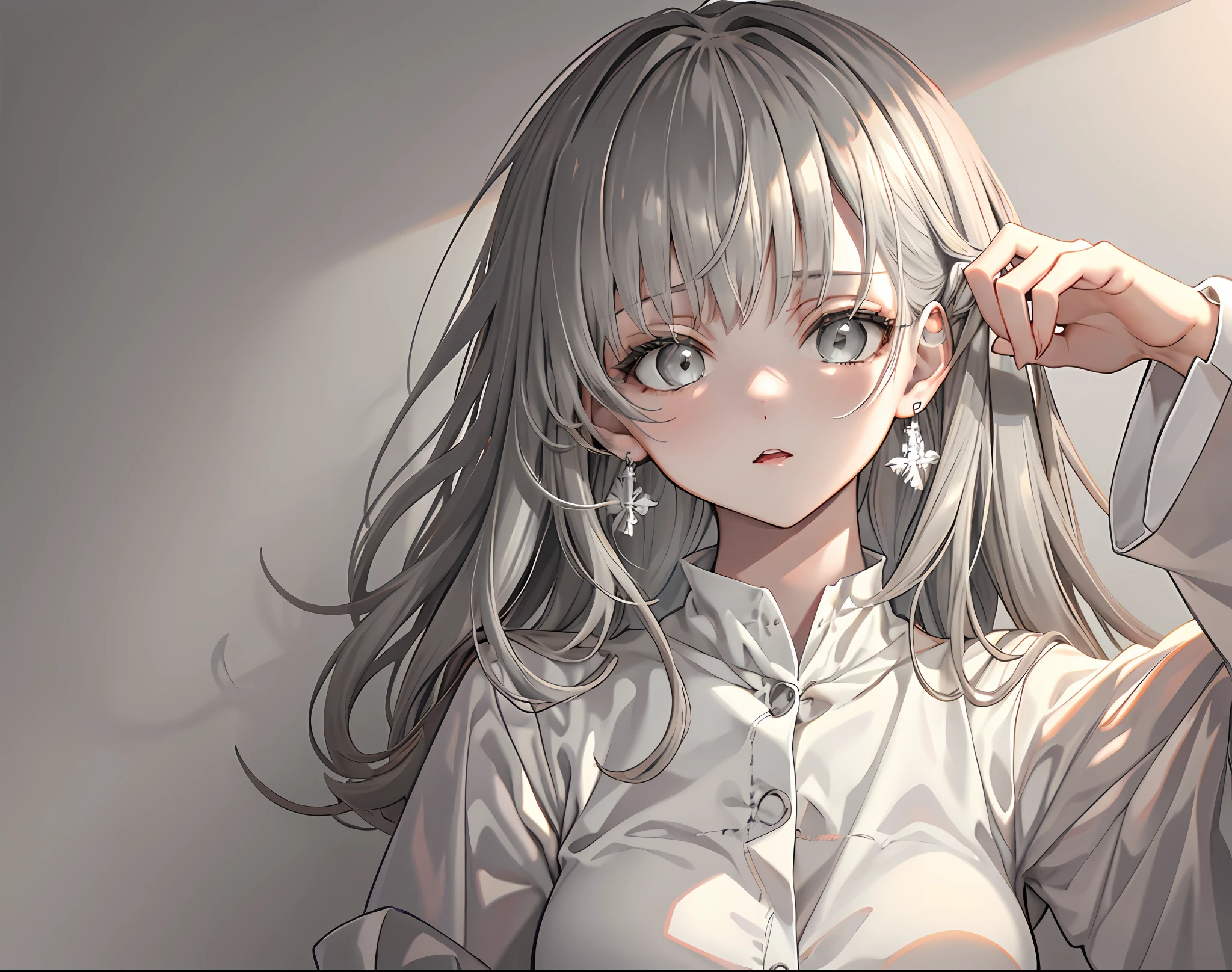 【Highest Quality, masutepiece】 [girl, Manteau, expressioness, Gray eyes, front facing, waved hair, parka, Upper body] (Gray white background:1.7), (earring), Sexy face, Beautiful eyes, enormous breast