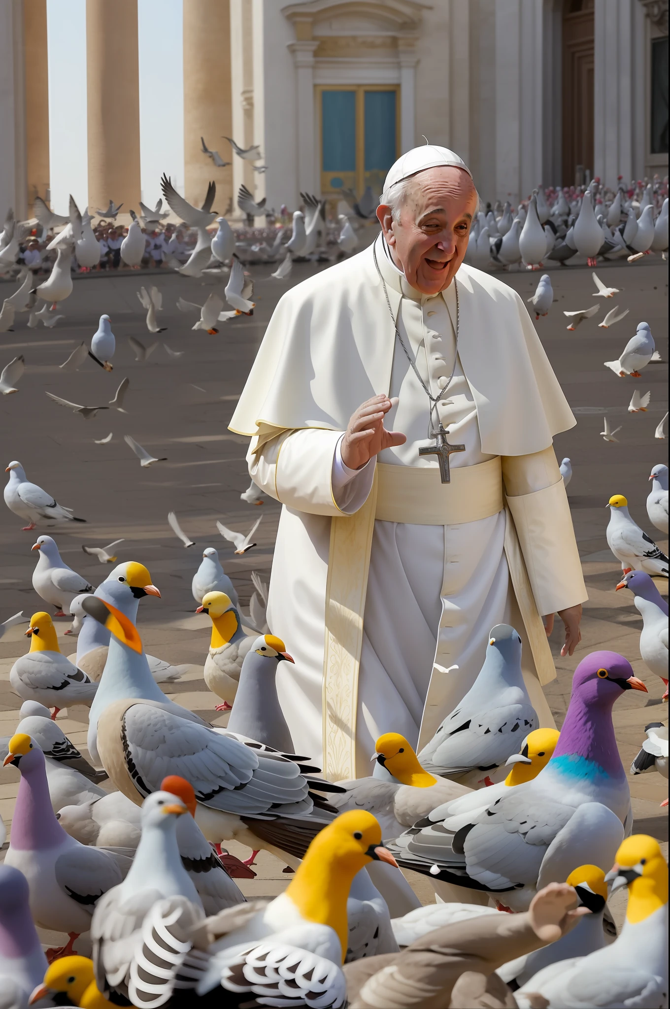 Imagine Pope Francis in an unusual and amusing situation! Nesta imagem, the Pope is wearing an extravagant hat, inspirado na moda dos anos 80, com cores vibrantes e penas coloridas. He is surrounded by a group of mischievous pigeons that seem to be following him everywhere.
Enquanto isso, Pope Francis grimaces, as if trying to contain his laughter as the playful pigeons surround him. The scene unfolds in front of St. Peter's Basilica, where passing tourists can't contain their laughter at seeing the laid-back side of the spiritual leader.
With a light look and cheerful spirit, Pope Francis shows that even in his sacred position, ele sabe como rir e desfrutar de momentos divertidos. The image is a celebration of humanity and joy, reminding ourselves that we can all appreciate life's funny moments, regardless of our position or role in the world.