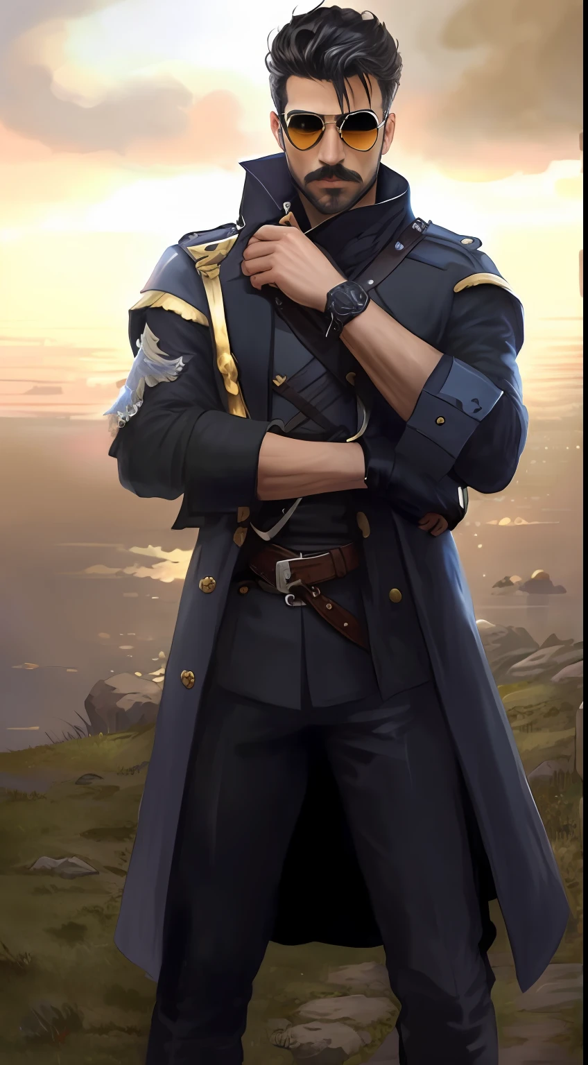 arafed man in a black coat and sunglasses standing on a hill, gilded black uniform, picture of a male cleric, fashionable rpg clothing, skinny male fantasy alchemist, well - detailed outfit, blacksmith's outfit, male artificer, fantasy style clothing, style of final + fantasy + 1 5, very detailed and rich clothing, bald male swashbuckler, Glasses detailed,black clothes,pants long black detail,hands detailed,five fingers,moustache best quality,bracelet hands detailed,full body,color detail,hair black detail,focus view,