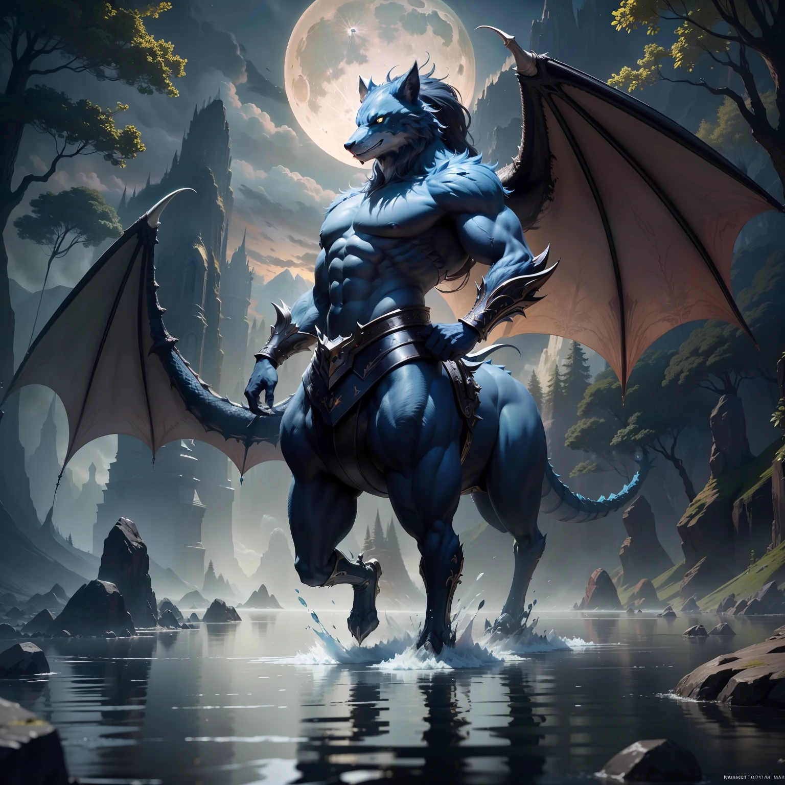 tmasterpiece,Best quality at best,high high quality,the Extremely Detailed CG Unity 8K Wallpapers,An enchanting and dreamy scene of a fantasy forest,towering trees,Mountains and lakes with moon in the sky,Highly detailed digital art in 4K,4K HD wallpapers very detailed,impressive fantasy landscape,Sci-fi fantasy desktop wallpaper,Unreal Engine 4K wallpapers,4K detailed digital art,Sci-fi fantasy wallpaper,Epic dreamy fantasy landscape,4k hd matte digital painting,8K stunning artwork,half wolf, The half-dragon stands on its hind legs in the water,Sideways photo,There are extra-long dragon tails。There are vertical scales on the back。The eyes are fierce。Has big furry ears。The villain is handsome,Strong and powerful, Dramatic cinematic details fur, hyper realistic fur, highly realistic photograph, cinematic full body shot, cinematic full shot, guardian of the holy lake, adventure hyper realistic render, volumetric fur, ultra-realistic picture, Make a gesture of majesty, hyperreal rendering,A combination of mythical creatures, Wolf and dragon