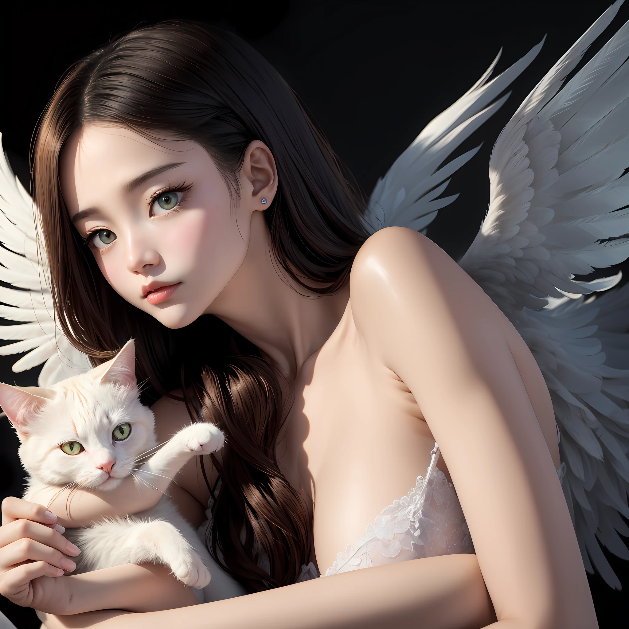 Angel and Cat、(8K、hightquality、Crystal clear to the touch、Like the photo、The feel of real human skin、odd eye、beautiful plumage、onepiece、