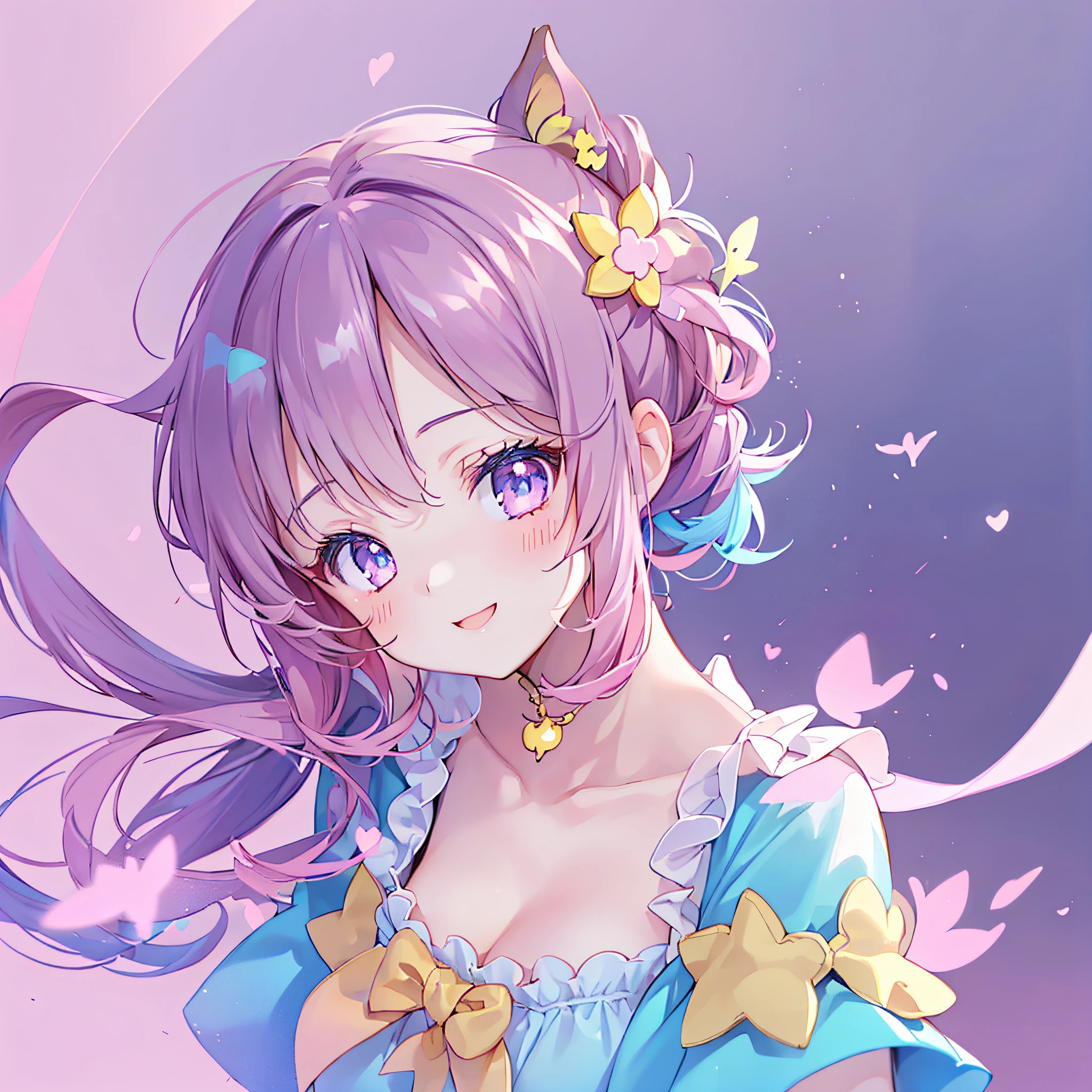 ((NSFW:1.1),masutepiece, (1girl in),Feeling as young as 3 、poneyTail、 Idol,Looks fun with a big smile, ((upper body closeup)), Big eyes, It seems that the eyes are shining、Kawaii Tech, kawaii, Cute, Pastel colors,Hair color is pastel、 (Best Quality), Happy,Deep background of Makoto Shinkai style, Symmetrical, Head Tilted,The composition should exude sensuality and innocence、An ultra-high picture quality、Dynamic Angle、