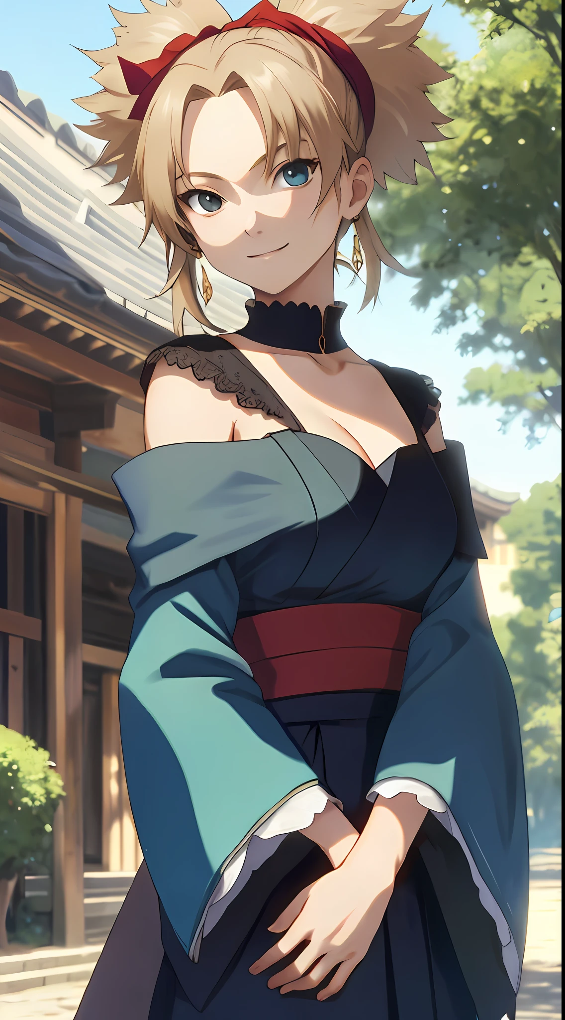 tmasterpiece， best qualtiy， ultra - detailed， TemariNS， 独奏， quad_coda， Small breasts， Forehead_Aegis， Japanese_clothes， perfect bodies， Off-the-shoulder attire，cleavage， ssmile， onthe mountain， Volumetriclighting， best qualtiy， tmasterpiece， Complicated details， Tone-mapping， tack sharp focus， ultra - detailed， Art Street is trending，