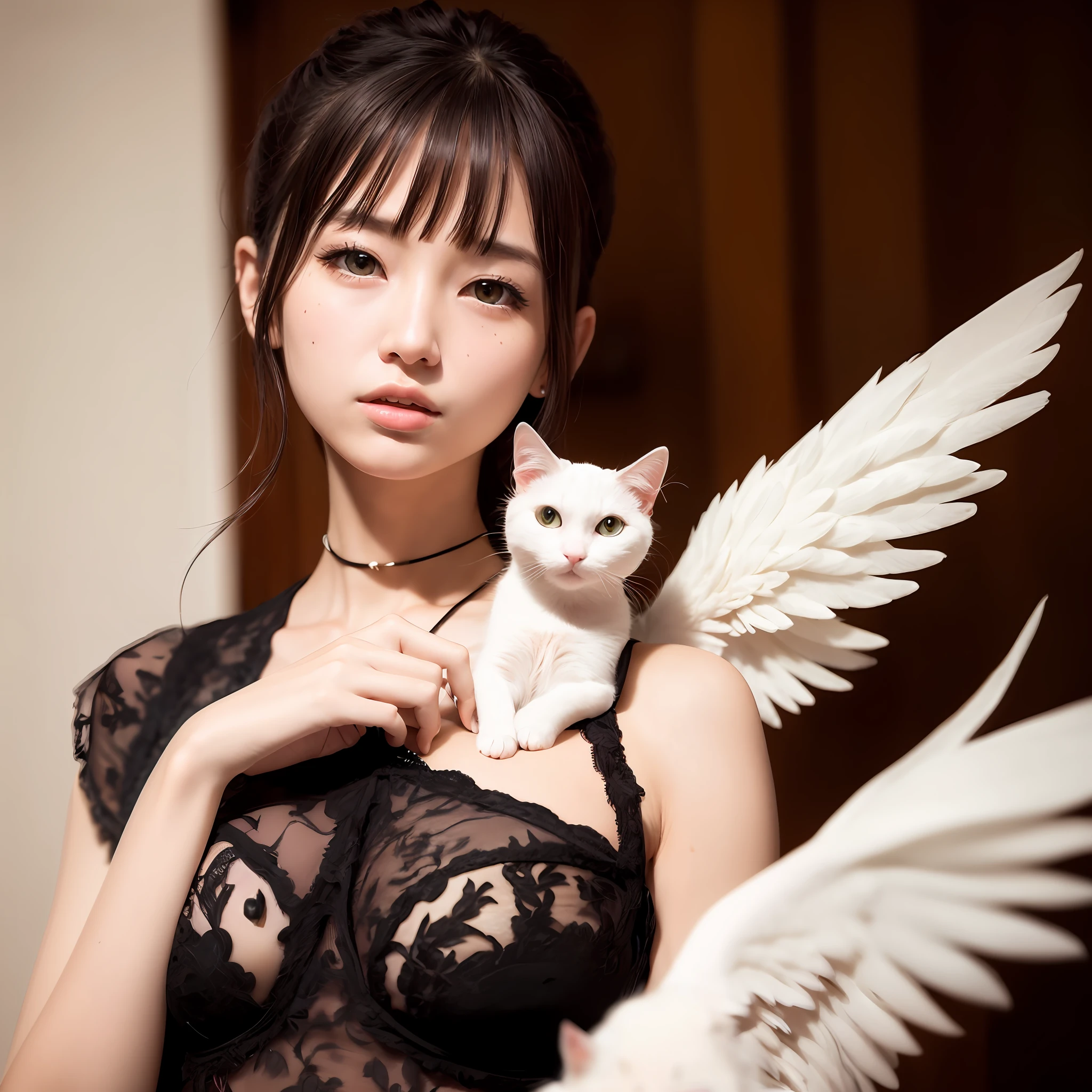 Angel and Cat、(8K、hightquality、Crystal clear to the touch、Like the photo、The feel of real human skin、odd eye、beautiful plumage、Clothes made of soft materials