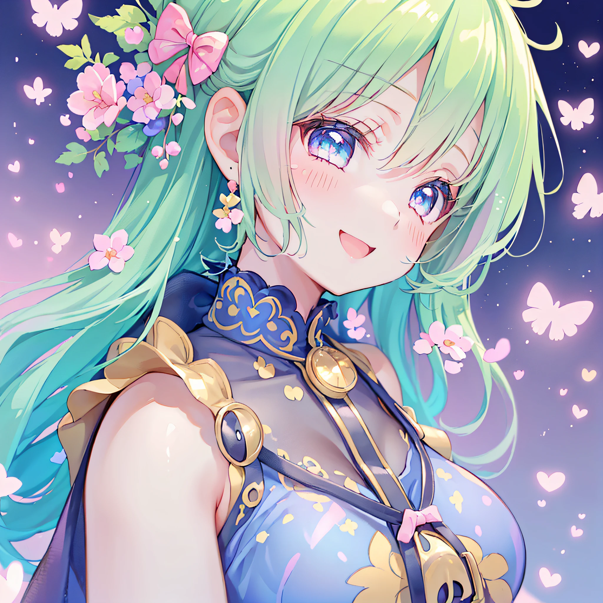 ((NSFW:1.1),masutepiece, (1girl in),Feeling as young as 3 、poneyTail、 Idol,Looks fun with a big smile, ((upper body closeup)), Big eyes, It seems that the eyes are shining、Kawaii Tech, kawaii, Cute, Pastel colors,Hair color is pastel、 (Best Quality), Happy,Deep background of Makoto Shinkai style, Symmetrical, Head Tilted,The composition should exude sensuality and innocence、An ultra-high picture quality、Dynamic Angle、