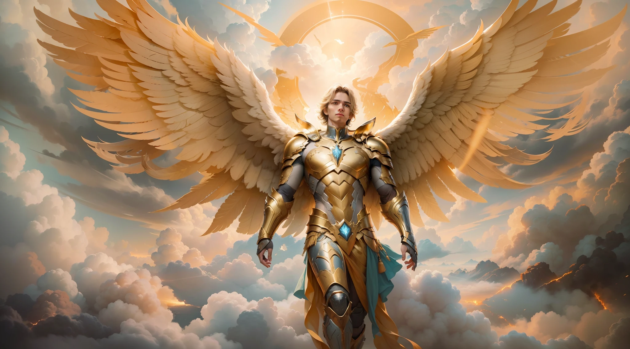(papel de parede 8k extremamente detalhado), uma pintura realista de um Anjo (masculino) com rosto bem detalhado e perfeito, com armadura dourada em seu peito, with detailed wings amid the clouds in the sky with golden lights, intrincado, alto detalhe, Dramatic