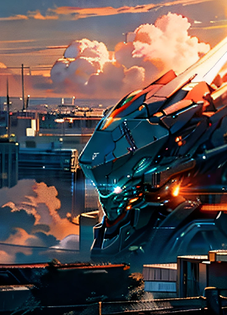 sky, cloud, holding_weapon, no_humans, glowing, , robot, building, glowing_eyes, mecha, science_fiction, city, realistic,mecha