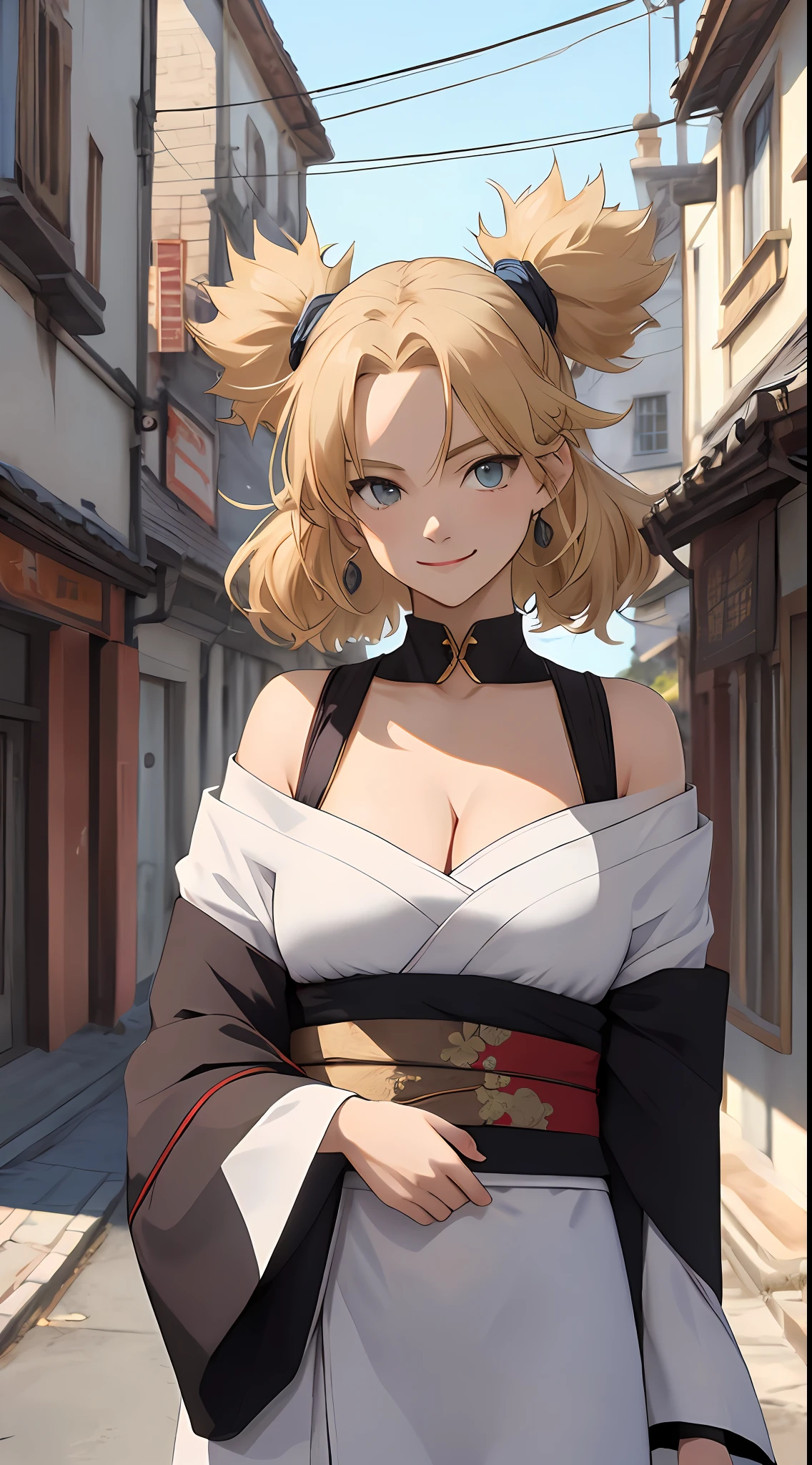 tmasterpiece， best qualtiy， ultra - detailed， TemariNS， 独奏， quad_coda， Small breasts， Forehead_Aegis， Japanese_clothes， perfect bodies， Off-the-shoulder attire，cleavage， ssmile， onthe mountain， Volumetriclighting， best qualtiy， tmasterpiece， Complicated details， Tone-mapping， tack sharp focus， ultra - detailed， Art Street is trending，Super big fan