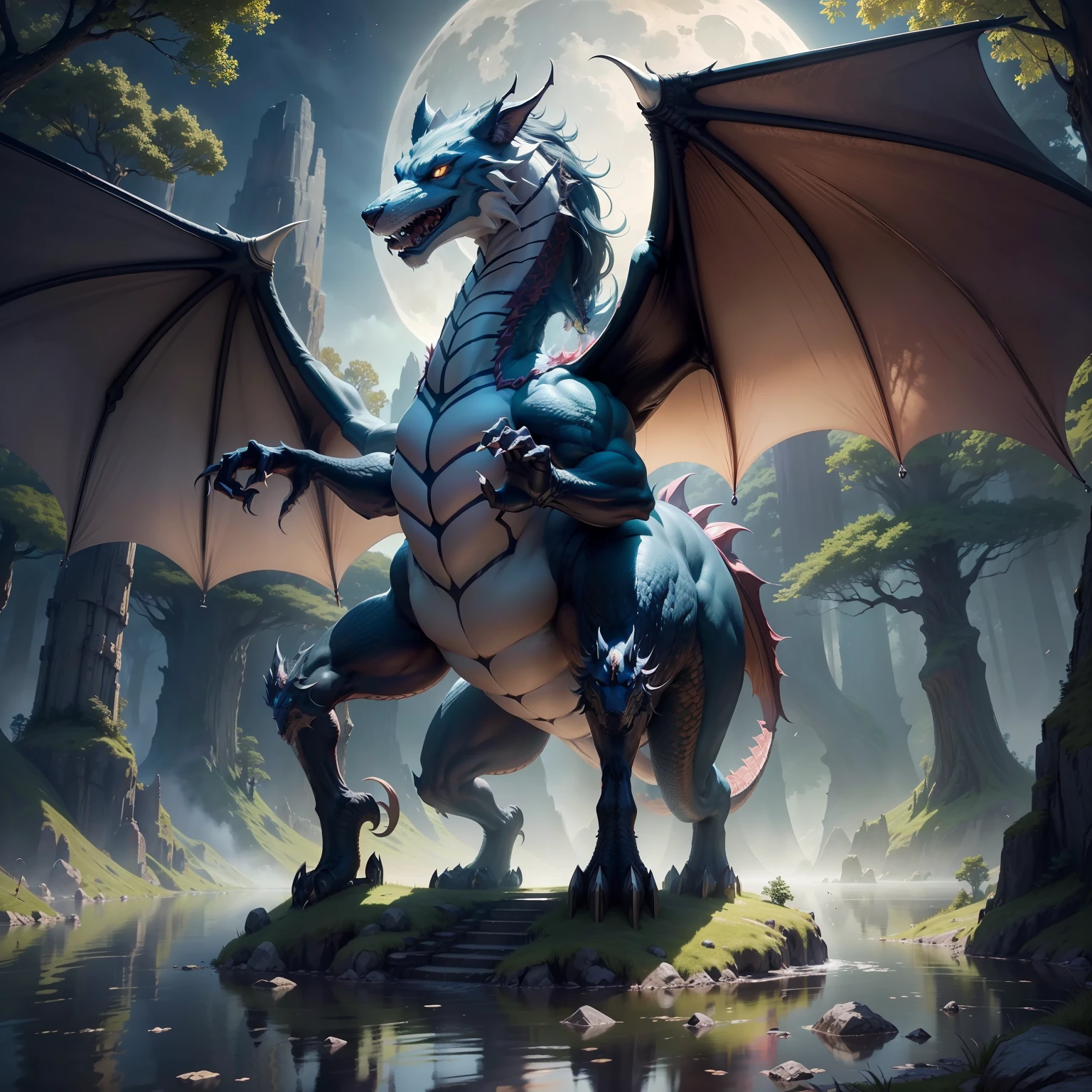 tmasterpiece，Best quality at best，high high quality，the Extremely Detailed CG Unity 8K Wallpapers，An enchanting and dreamy scene of a fantasy forest，towering trees，Mountains and lakes with moon in the sky，Highly detailed digital art in 4K，4K HD wallpapers very detailed，impressive fantasy landscape，Sci-fi fantasy desktop wallpaper，Unreal Engine 4K wallpapers，4K detailed digital art，Sci-fi fantasy wallpaper，Epic dreamy fantasy landscape，4k hd matte digital painting，8K stunning artwork，half wolf, The half-dragon stands on its hind legs in the water,Sideways photo，There are extra-long dragon tails。There are vertical scales on the back。The eyes are fierce。Has big furry ears。The villain is handsome，Strong and powerful, Dramatic cinematic details fur, hyper realistic fur, highly realistic photograph, cinematic full body shot, cinematic full shot, guardian of the holy lake, adventure hyper realistic render, volumetric fur, ultra-realistic picture, Make a gesture of majesty, hyperreal rendering，A combination of mythical creatures, Wolf and dragon