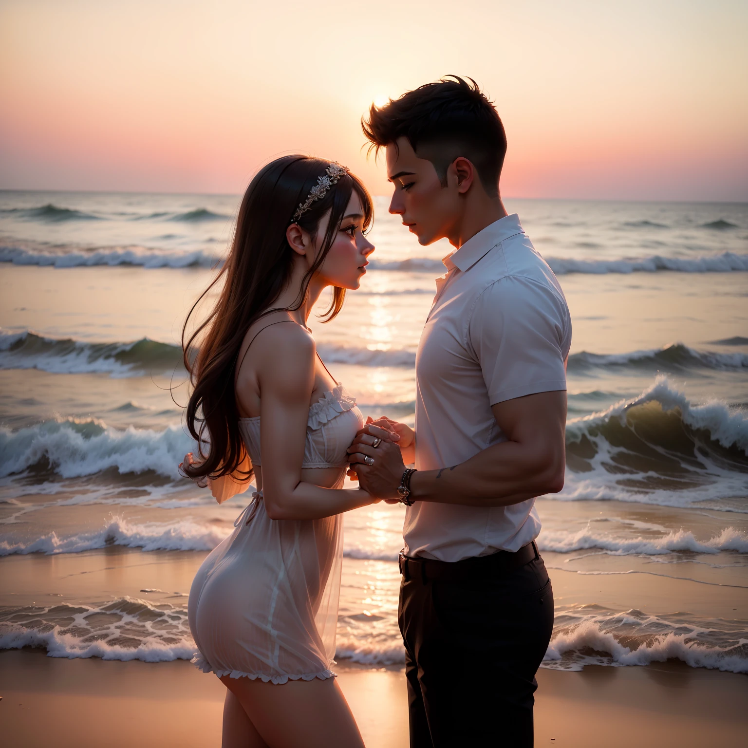 The sunset illuminates the scenery on the beach, while the couple's hands are intertwined, in a romantic and affectionate gesture.