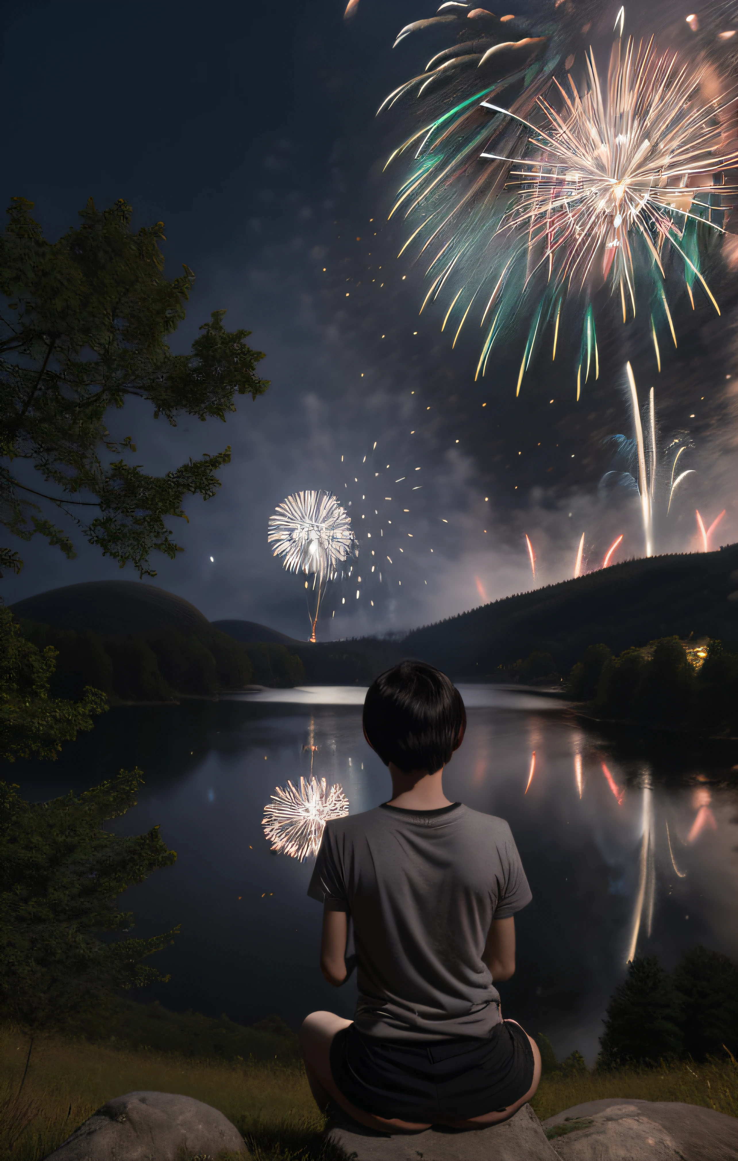 masterpiece、top-quality、posterior view、One girl、short-hair、A dark-haired、posterior view、(silhuette)、Dark Grey T-Shirt、Black skirt、(Sit on the ground)、((Physical education sitting))、(natta:1.9)、((Amazing fireworks))、forest clearing、by lake、on a hill、