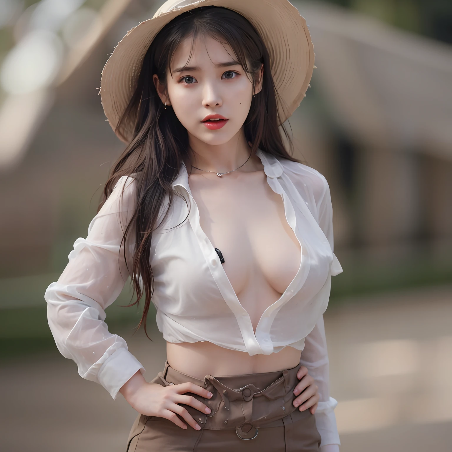 nikon RAW photo,8 k,Fujifilm XT3,photorealistic,realistic, solo, photorealistic, best quality, ultra high res, (skin spots:0.1) sexy expression, stan, modeling, masterpiece, best quality, extremely detailed face, perfect lighting, solo,1girl, sexy sight best quality, ultra high res, photorealistic, ultra detailed, masterpiece, best quality, iu1, tiny butt, lee ji-eun, nipple visible, topless, cowboy shot, photoshoot style