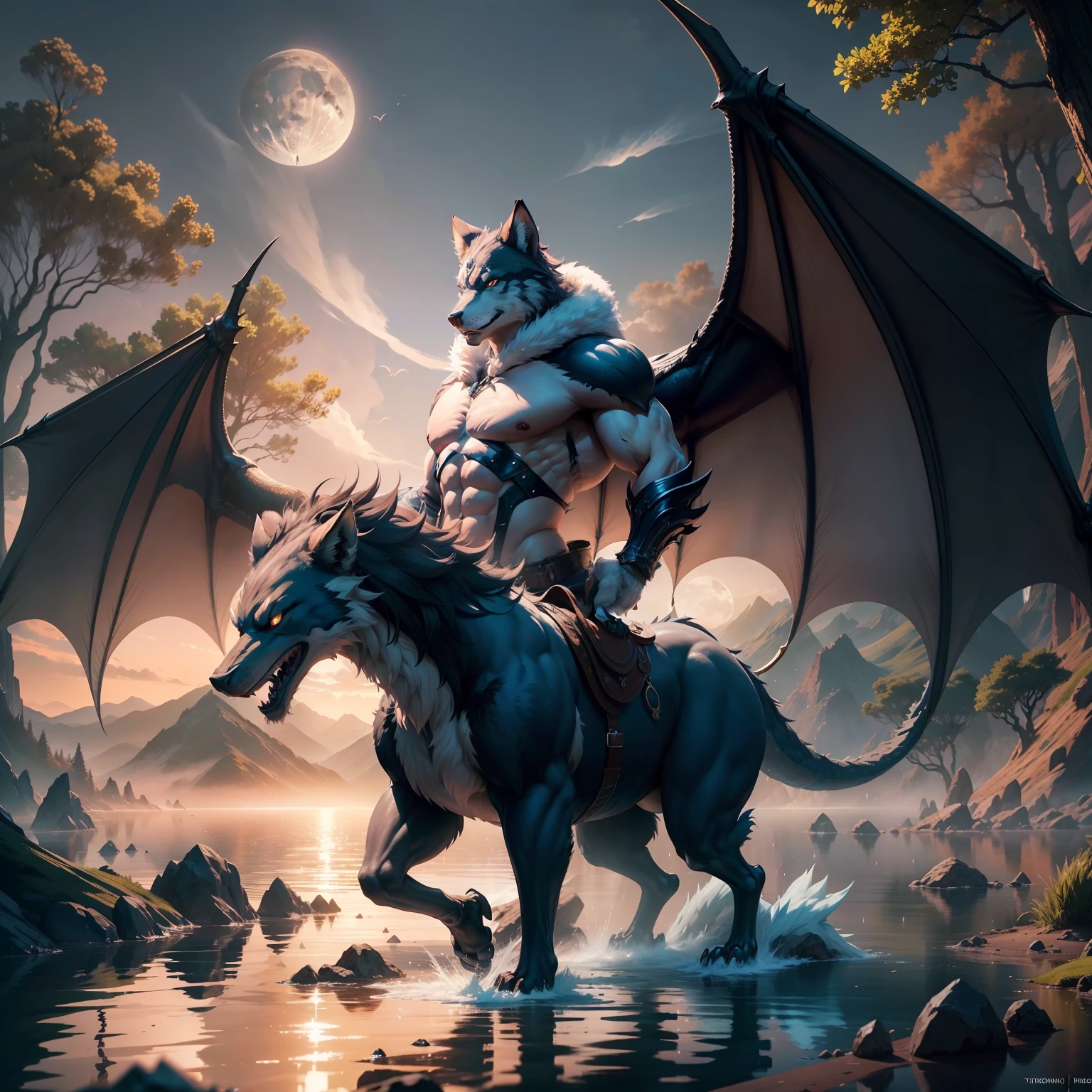tmasterpiece,Best quality at best,high high quality,the Extremely Detailed CG Unity 8K Wallpapers,An enchanting and dreamy scene of a fantasy forest,towering trees,Mountains and lakes with moon in the sky,Highly detailed digital art in 4K,4K HD wallpapers very detailed,impressive fantasy landscape,Sci-fi fantasy desktop wallpaper,Unreal Engine 4K wallpapers,4K detailed digital art,Sci-fi fantasy wallpaper,Epic dreamy fantasy landscape,4k hd matte digital painting,8K stunning artwork,half wolf, The half-dragon stands on its hind legs in the water,Sideways photo,There are extra-long dragon tails。There are vertical scales on the back。The eyes are fierce。Has big furry ears。The villain is handsome,Strong and powerful, Dramatic cinematic details fur, hyper realistic fur, highly realistic photograph, cinematic full body shot, cinematic full shot, guardian of the holy lake, adventure hyper realistic render, volumetric fur, ultra-realistic picture, Make a gesture of majesty, hyperreal rendering,A combination of mythical creatures, Wolf and dragon