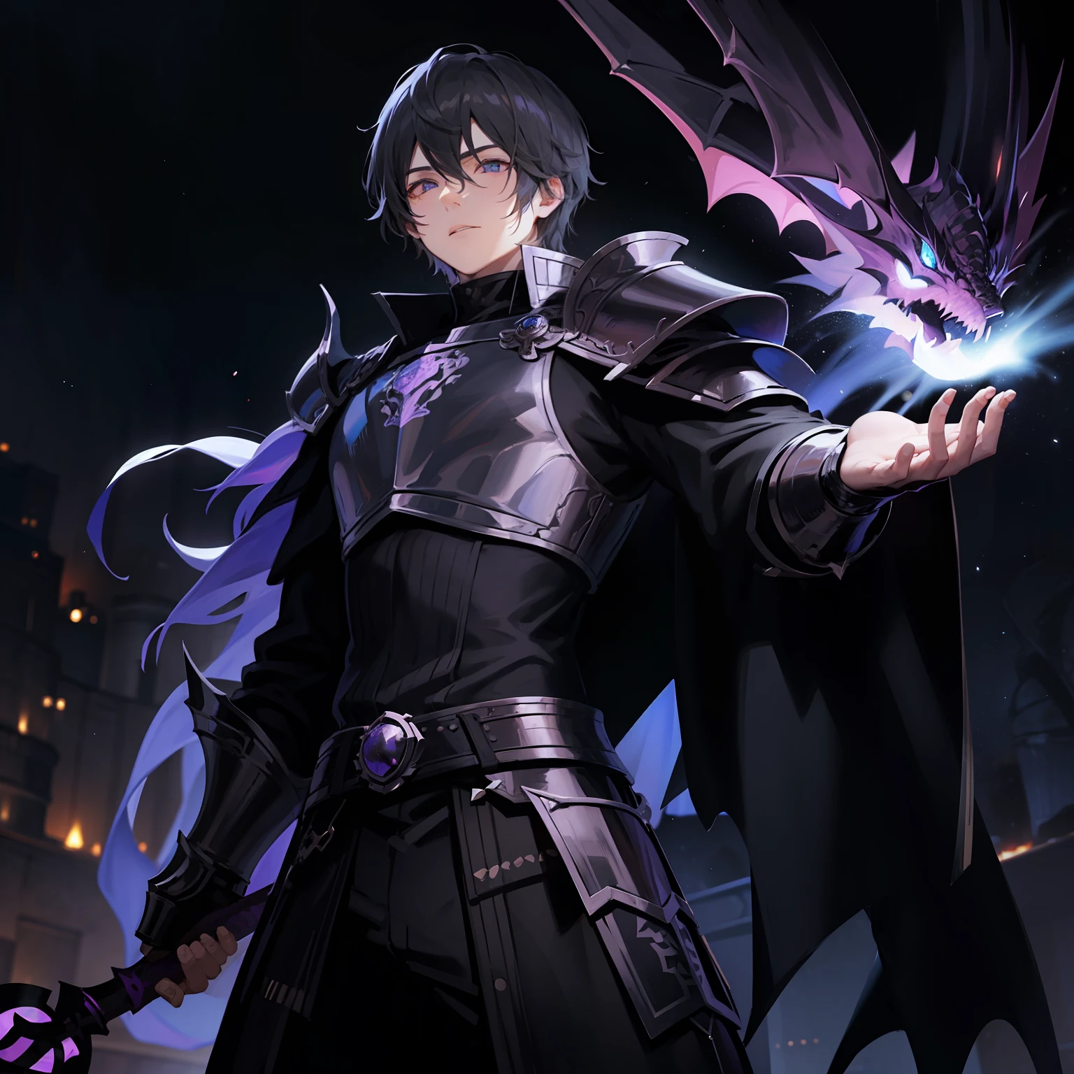 Man with black dragon head, wearing black scale armor with purple, blue eyes, holding a galaxy
