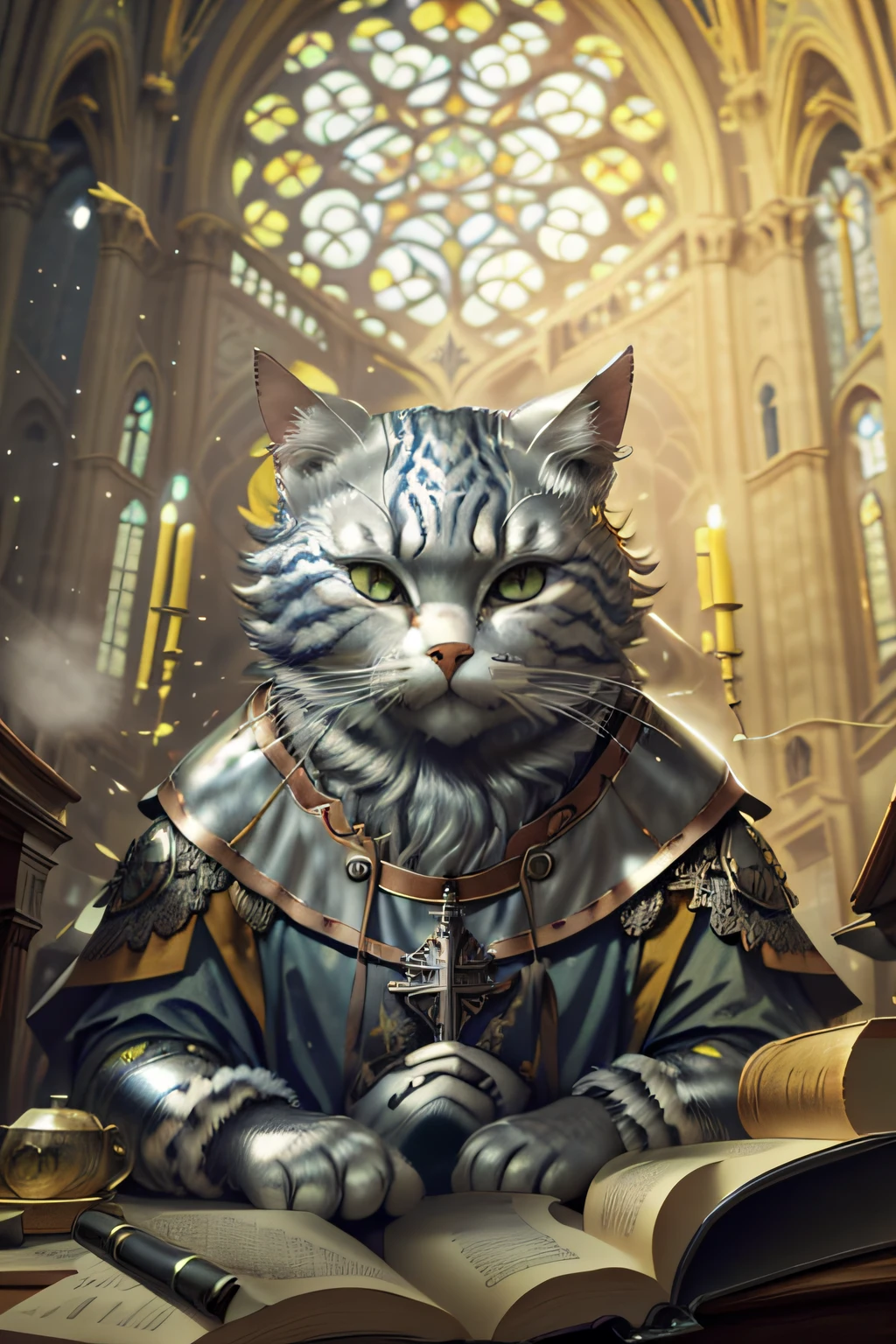 Close up photography （Silver tabby cat：1.2）anthropomorphic turtle， Proselyte，Church in medieval Europe，Notre Dame Cathedral in the background（c4ttitude：1.3）， In church，Light spills down from the roof， Ultra photo realsisim， intricately details， （Mist：1.1），