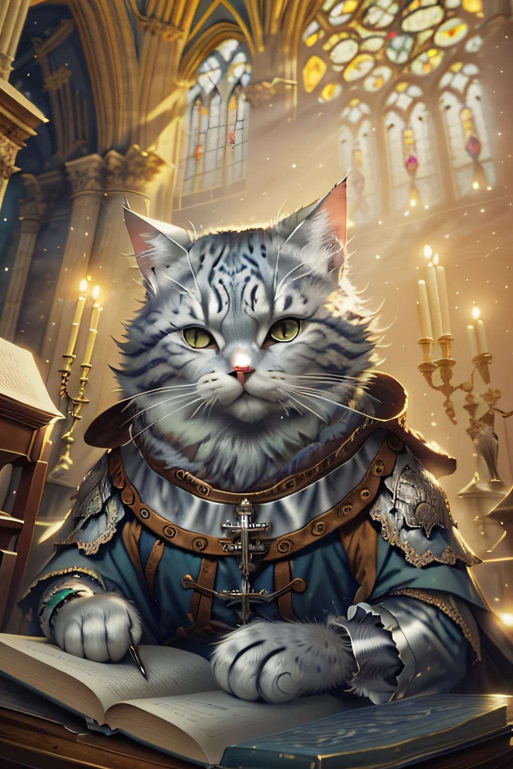 Close up photography (Silver tabby cat:1.2)anthropomorphic turtle, Proselyte,Church in medieval Europe,Notre Dame Cathedral in the background(c4ttitude:1.3), In church,Light spills down from the roof, Ultra photo realsisim, intricately details, (Mist:1.1),