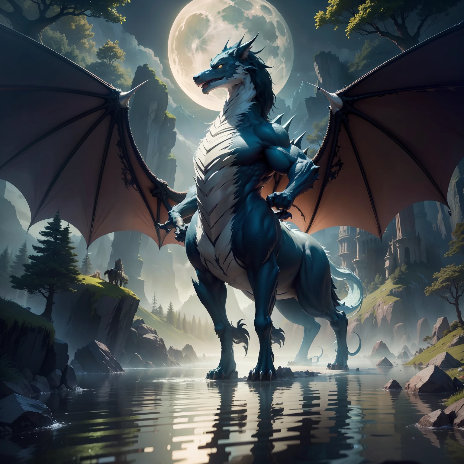 tmasterpiece,Best quality at best,high high quality,the Extremely Detailed CG Unity 8K Wallpapers,An enchanting and dreamy scene of a fantasy forest,towering trees,Mountains and lakes with moon in the sky,Highly detailed digital art in 4K,4K HD wallpapers very detailed,impressive fantasy landscape,Sci-fi fantasy desktop wallpaper,Unreal Engine 4K wallpapers,4K detailed digital art,Sci-fi fantasy wallpaper,Epic dreamy fantasy landscape,4k hd matte digital painting,8K stunning artwork,half wolf, The half-dragon stands on its hind legs in the water,Sideways photo,There are extra-long dragon tails。There are vertical scales on the back。The eyes are fierce。Has big furry ears。The villain is handsome,Strong and powerful, Dramatic cinematic details fur, hyper realistic fur, highly realistic photograph, cinematic full body shot, cinematic full shot, guardian of the holy lake, adventure hyper realistic render, volumetric fur, ultra-realistic picture, Make a gesture of majesty, hyperreal rendering,A combination of mythical creatures, Wolf and dragon