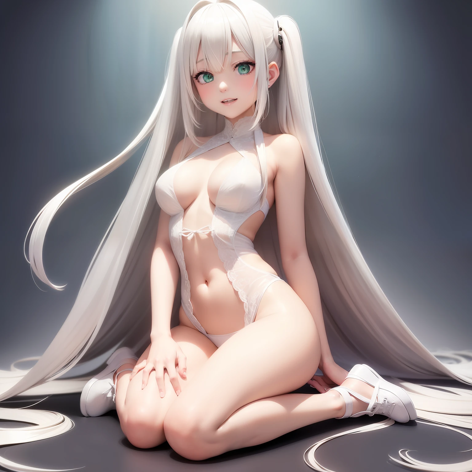 high image, super detail, high resolution, anime, manga, illustration, sit astride, straddling, wariza, yokozuwari, all white skin and hair, intelligent beauty, ecstatic expression, amorous expression, seductive look, laugh like a prankster, happy, shy, alluring moist half open lips, flowing layered messy half-up knitting light white hair style, sparkling green eyes, slender, full body
