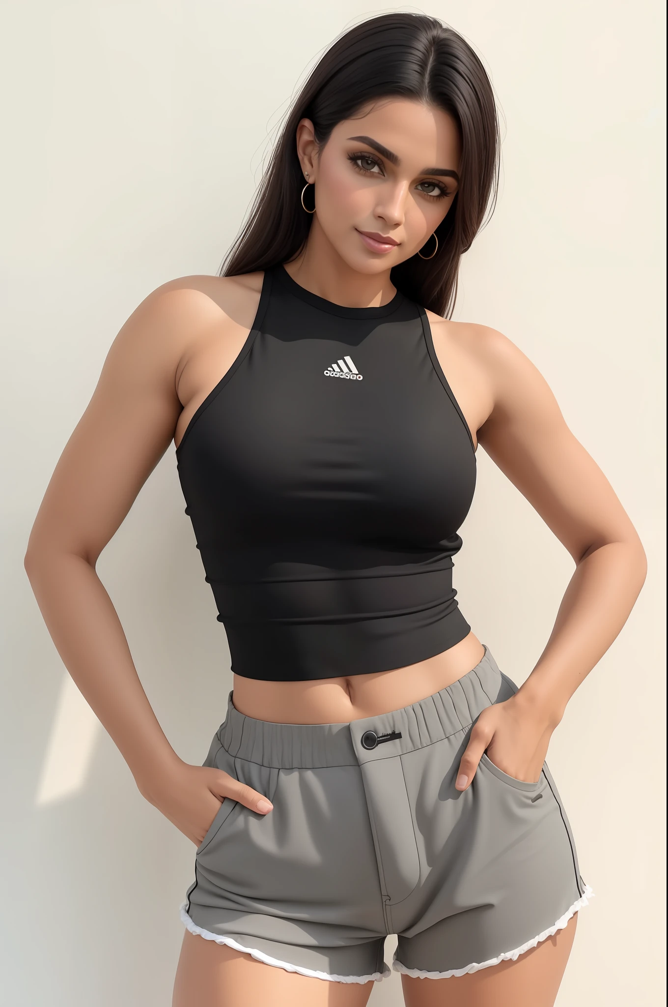 linda mulher arrogante em um top preto e shorts cinza posando para uma foto, topo de cabresto preto, usando uma regata cropped preta, usando uma regata preta cropped, regata preta apertada e shorts, she is wearing a black tank top, tanque preto apertado, Tampo tanque preto, peito achatado, Tampo do tanque apertado, Titular Top, Titular Top
