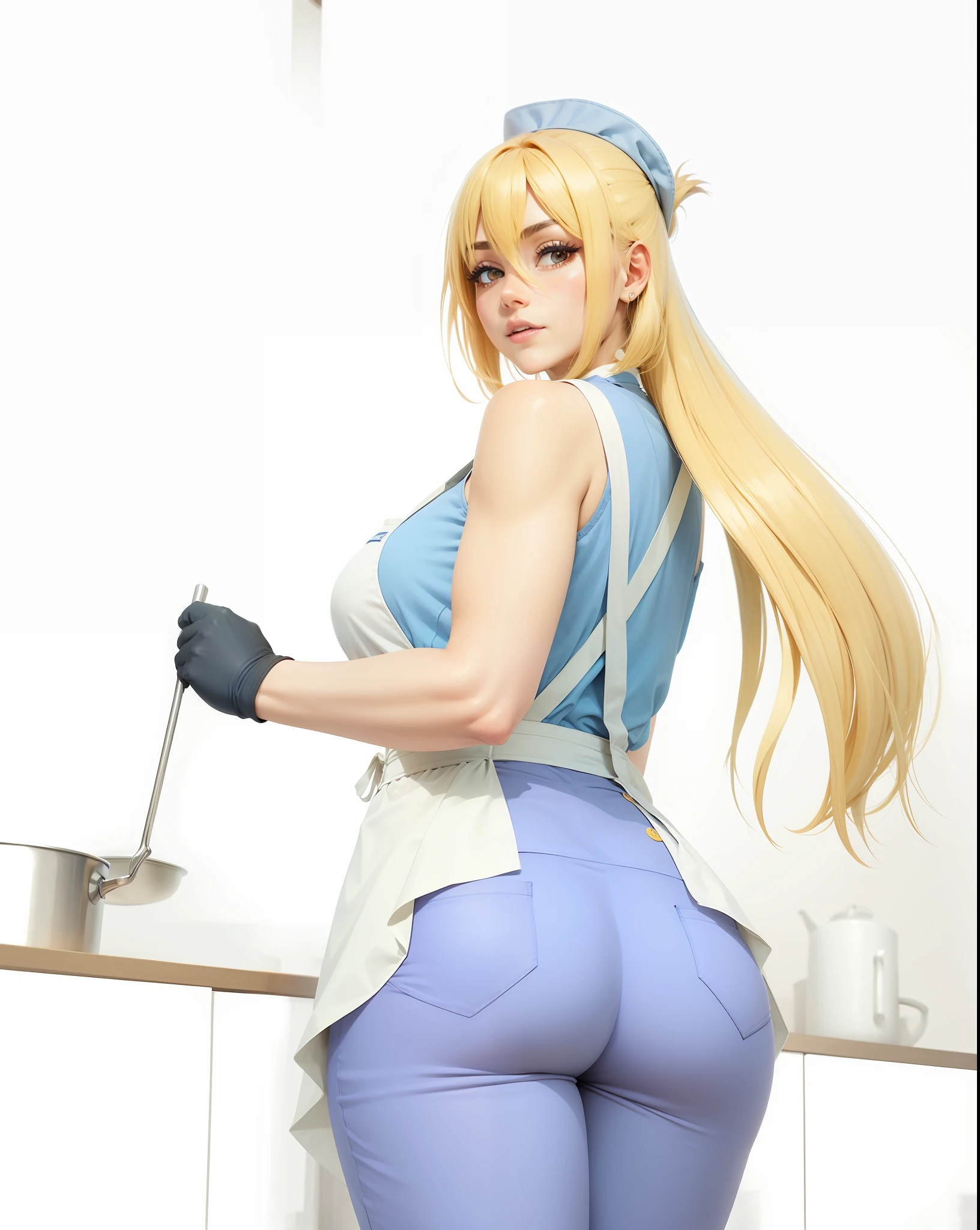 Chica cocinando pantalones ajustados y delantal