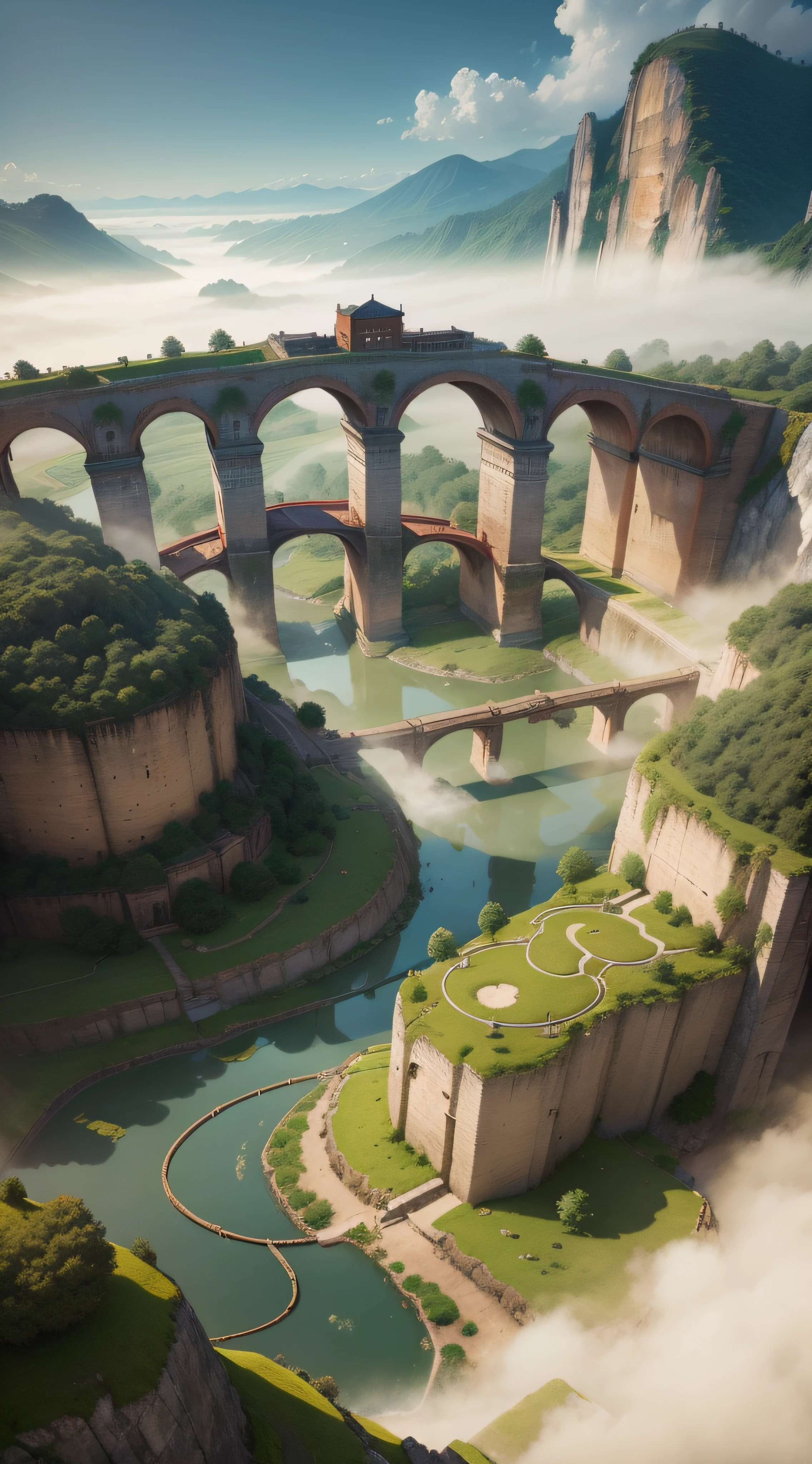 Create a serene atmosphere with ancient temples and bridges spanning the Red River, forming a unique blend of history and culture.
Utilize soft morning mist to add a dreamy layer, enveloping houses and rice fields.
