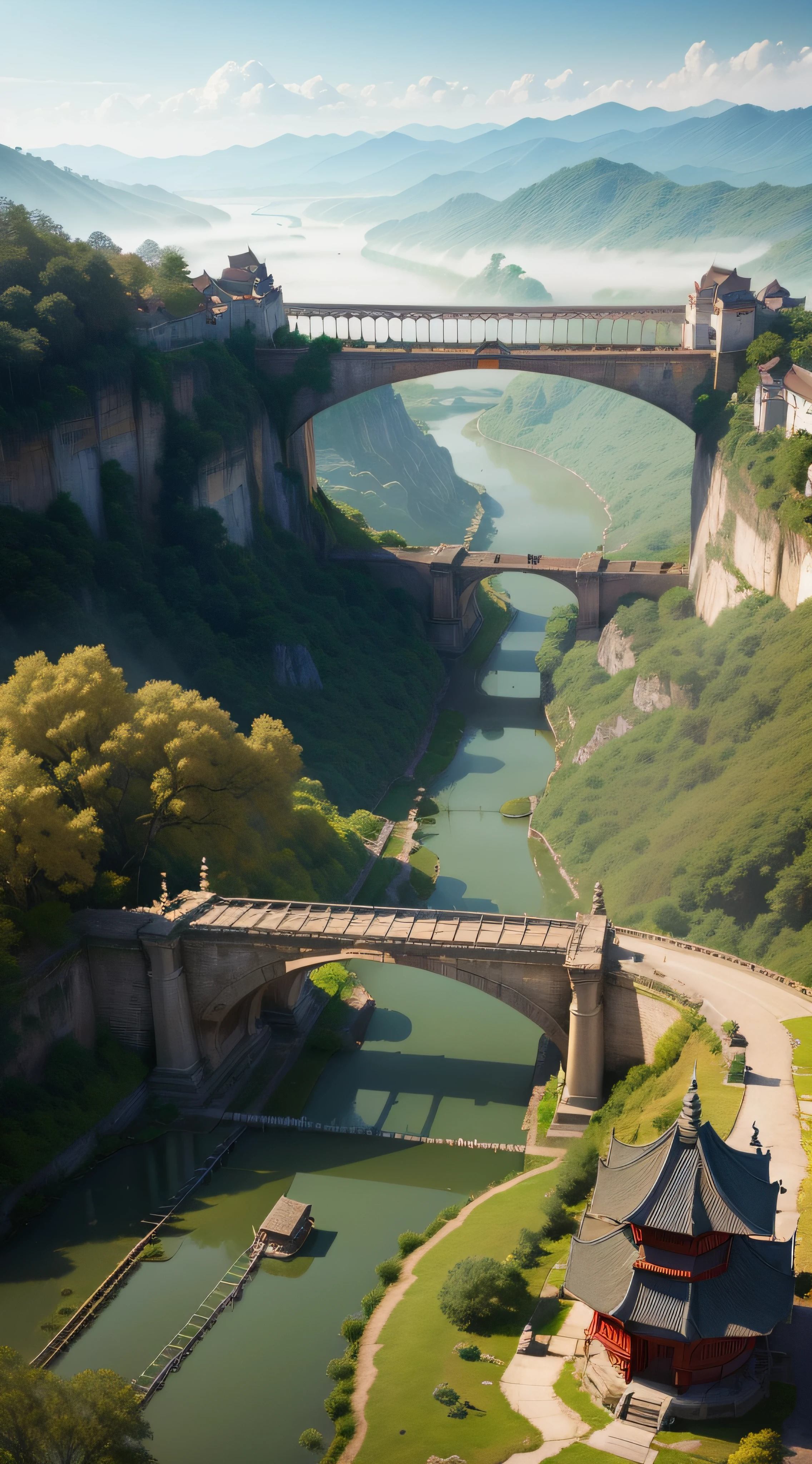 Create a serene atmosphere with ancient temples and bridges spanning the Red River, forming a unique blend of history and culture.
Utilize soft morning mist to add a dreamy layer, enveloping houses and rice fields.