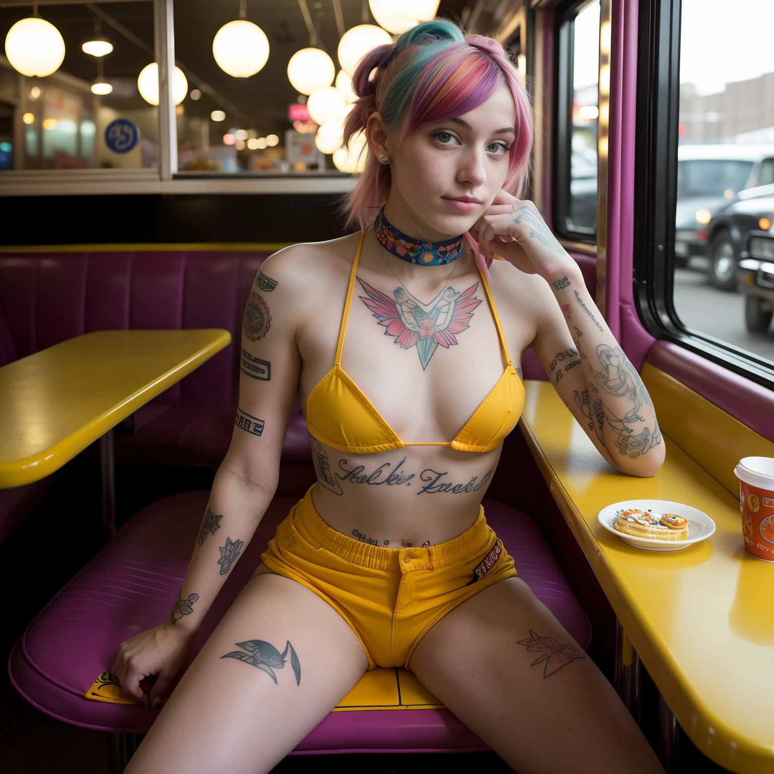 incredibly pretty SuicideGirls model 22 years old sitting in a retro diner booth, at night, topless, wearing retro hotpants, vibrant colours, rich colours.  skinny American hipster with dyed hair in buns, geometric tattoos, choker tattoo. Taken with a Sony A9, f1.2 shallow depth of field, 70mm.