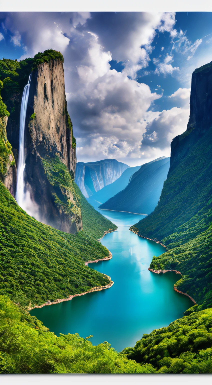 Masterpiece, ultimate quality, Cg unity 8k wallpaper, super delicate, beautiful sky and clouds, rich natural scenery, cliffs, lakes and rivers, waterfalls and flying water, beautiful green mountains, no trace of people, excellent scenery, has already won a photo contest, background Blurring, full depth of field, HDR high dynamics, true restoration, intricate, extreme details, dramatic presentation, perfectly presenting the style of midjourney art.