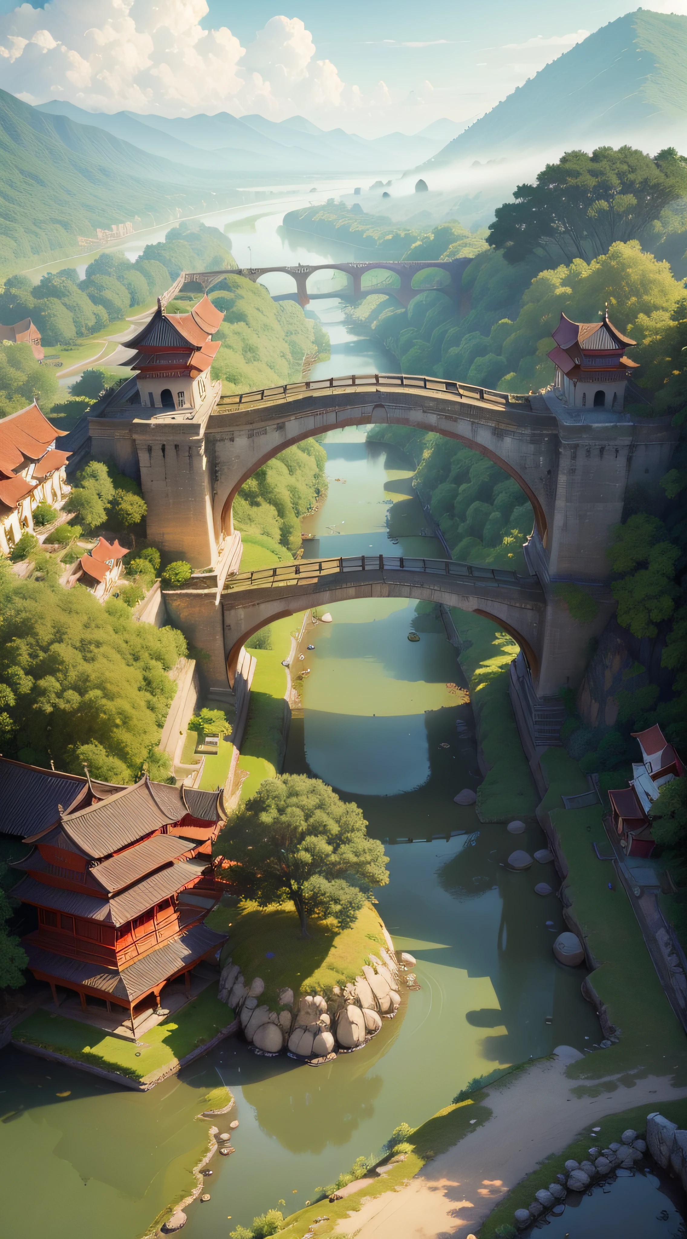 Create a serene atmosphere with ancient temples and bridges spanning the Red River, forming a unique blend of history and culture.
Utilize soft morning mist to add a dreamy layer, enveloping houses and rice fields.