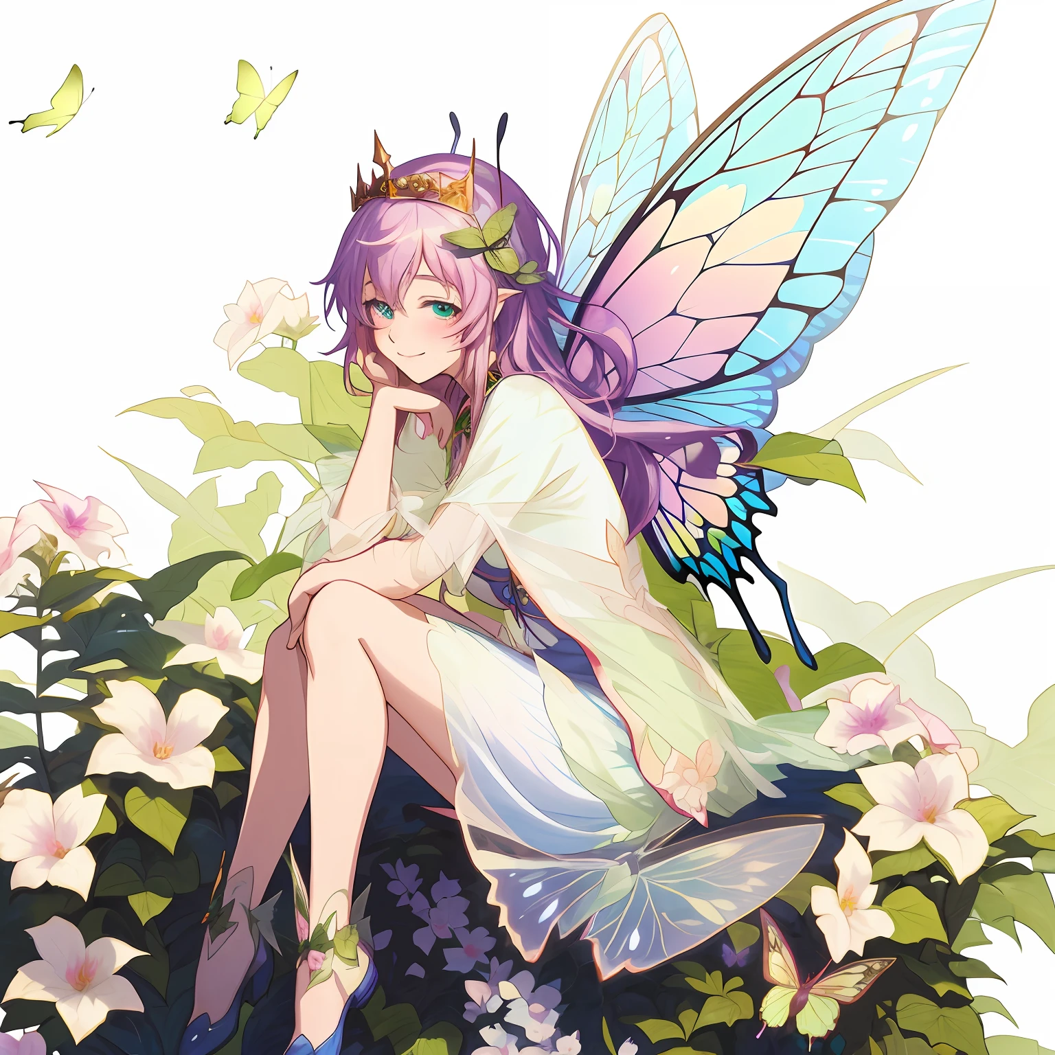 Anime girl with butterfly wings sitting on a flower bush, beautiful fairies, Cute Girl Leprechaun, smiling as a queen of fairies, portrait of fairy, with beautiful wings, faerie, beautiful fantasy anime, beautiful fairies, guweiz, queen of the fairies, beautiful fairies, guweiz on pixiv artstation, portrait of fairy