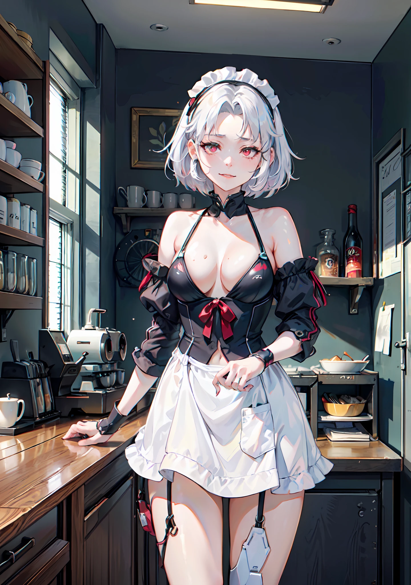 ((((masterpiece, best quality, high resolution)))), 1girl, white hair, red eyes, short wavy hair, average breasts, blush, light smile, parted lips, glow, thighs, bare shoulders, collarbone, narrow waist, cleavage, (beautiful detailed face, beautiful detailed eyes), long slender thighs, perfect eyes, (bikini, maid apron, maid headband), (sunbeam, sunlight, rose, wind, cafe)