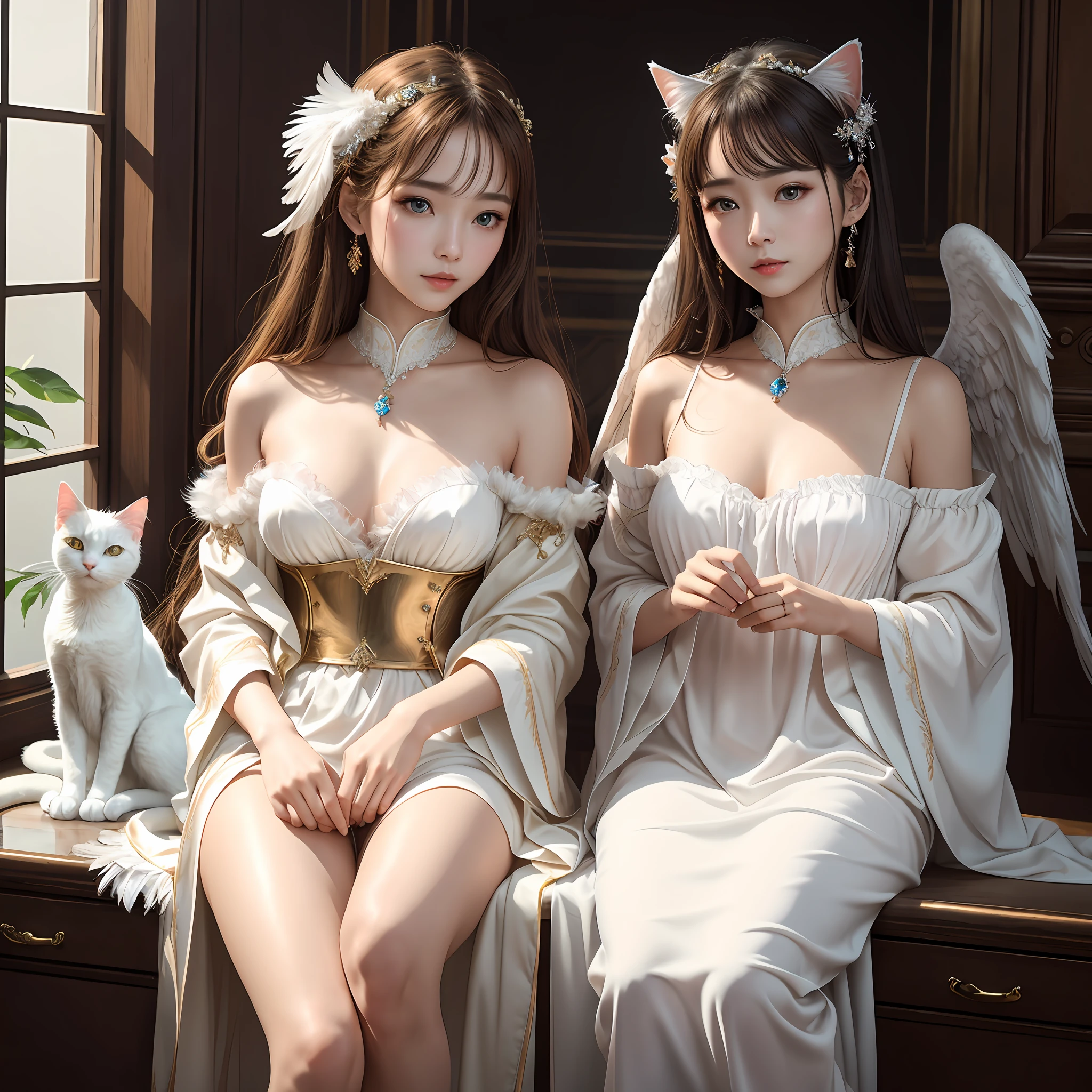 Angel and Cat、(8K、hightquality、Crystal clear to the touch、Like the photo、The feel of real human skin、odd eye、beautiful plumage、Clothes made of soft materials