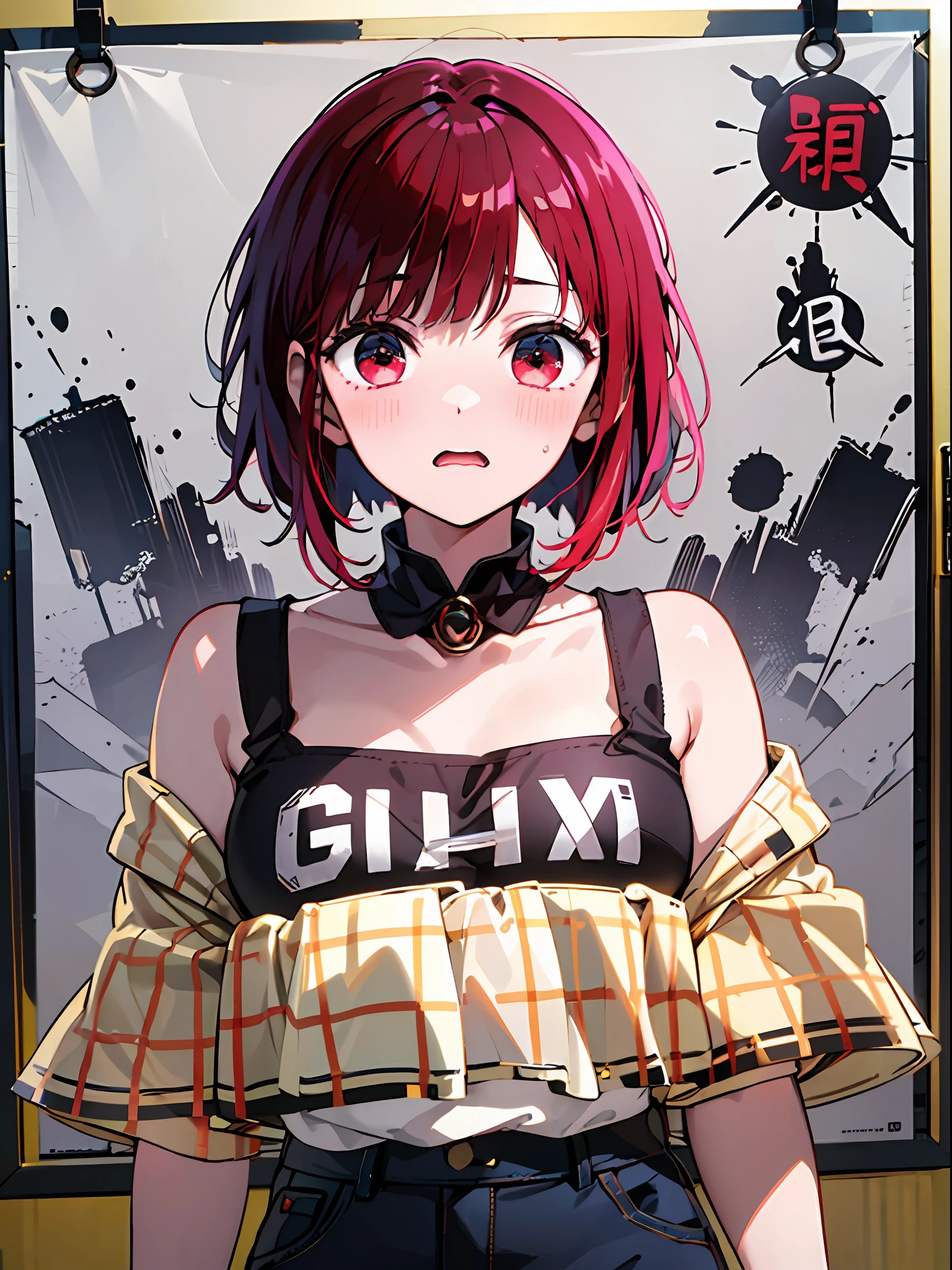 (masterpiece、top-quality、hight resolution)、 Kana Arima \(Oshinoko\), full of shyness、red hairs、Bob Hair、Star-like eyes、red blush、Wavy mouth、(((Dramatic)))、(((gritty)))、(((vehement))))The poster of the film appears as a central character。She is shy in the center of the poster、Wearing an idol costume、Has a determined look。The background is dark and rough、I feel like I'm drunk。Text is bold and eye-catching、Catchy slogans add to the overall drama and excitement。The color palette is dominated by dark colors.、Bright colors dotted、Make your poster dynamic and visually impactful、Tachi- e(magazine:1.3)、(cover-style:1.3)、Fashionable、with a vibrant、outfits、the pose、the front、colourfull、Dynamic、Background with、element、self-assured、Expressively、ngel、statement、attachment、An majestic、coiled、surroundings、Touch、The scene、Texto、covers、boldface、grab attention、Titles、lo fashion、Font、Catchy、Titles、Large、grab attention、moderno、 Trendy、concentrating、Stylish、1 girl in、Bold chest