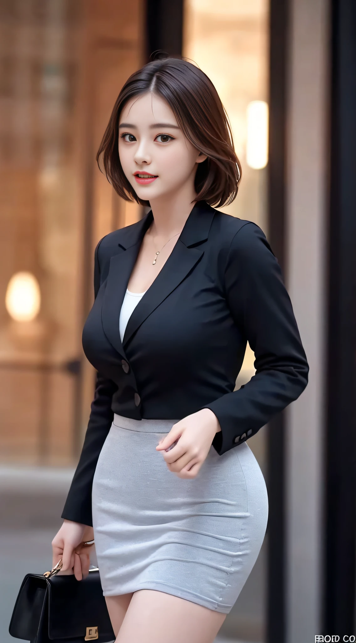 best quality, masterpiece, 1girl, Beautiful face, (photo realistic:1.3), rim lighting, (high detailed skin:1.2), 8k uhd, dslr, high quality, high resolution, 4k, 8k, Bokeh, absurdres, best ratio four finger and one thumb, (realistic:1.3), cute 1girl, wearing black formal blazer, medium breasts, short skirt,