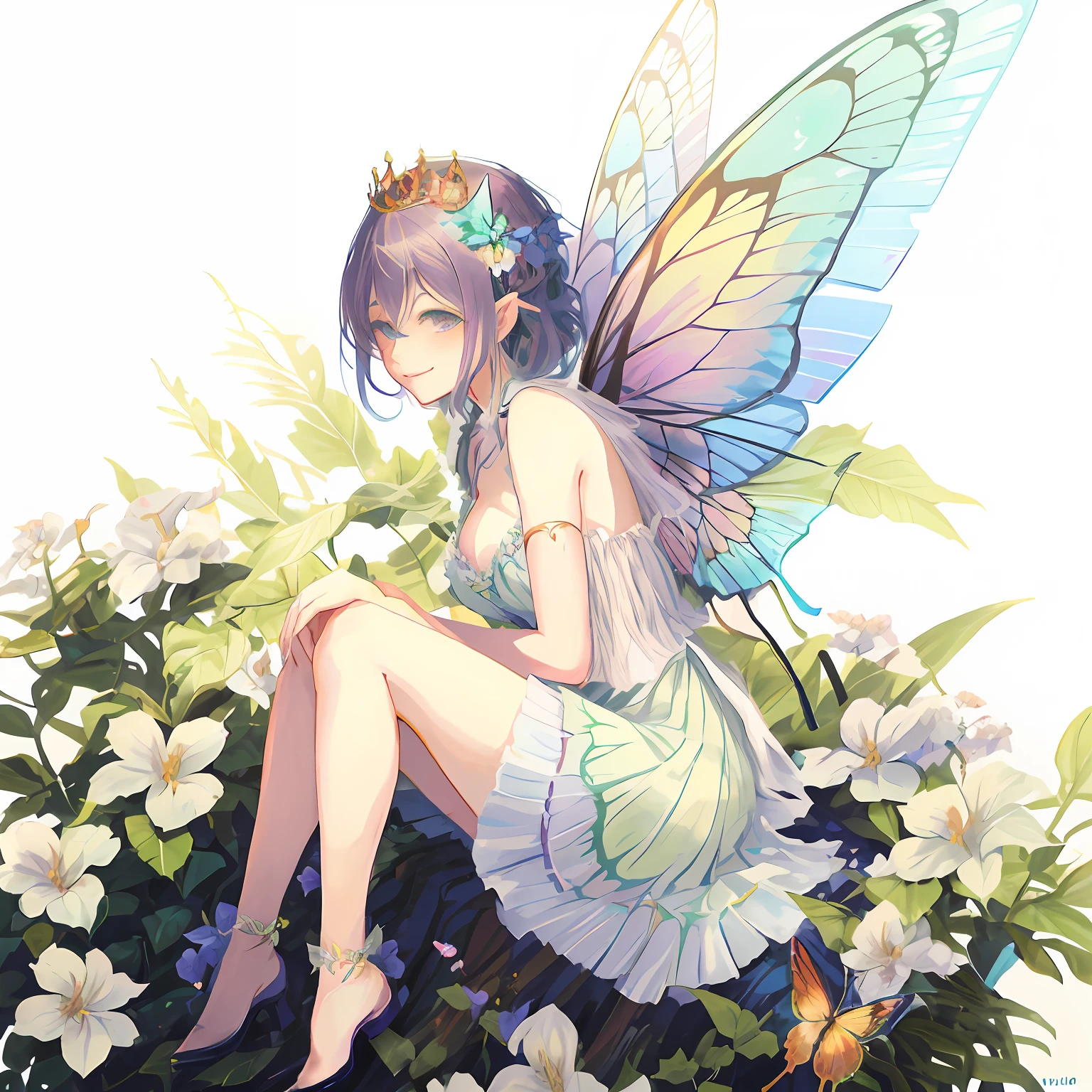 Anime girl with butterfly wings sitting on a flower bush, beautiful fairies, Cute Girl Leprechaun, smiling as a queen of fairies, portrait of fairy, with beautiful wings, faerie, beautiful fantasy anime, beautiful fairies, guweiz, queen of the fairies, beautiful fairies, guweiz on pixiv artstation, portrait of fairy