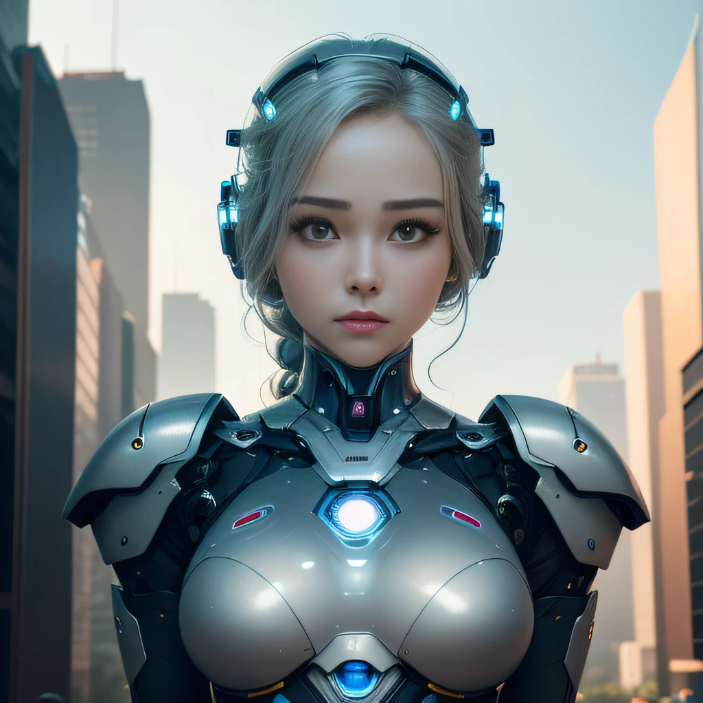 perfect female face、Ultra-realistic humanoid、Robot with human-like face and mechanical detailed body、8k picture、peaceful environment、futuristic city backdrop、Ultra-realistic robot with human-like physiognomy、Peaceful Robot、((​masterpiece、top-quality、))、dam、(wetty:1.2)、girl with、medium chest、(see -through:1.3) A dark-haired