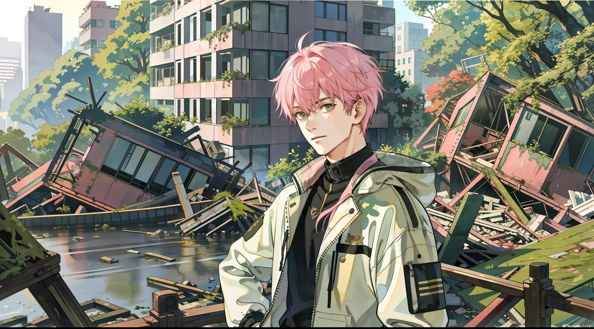 "tmasterpiece,A pink-haired,Separate bangs,Storm jacket,Young boys,Urban ruined forest,Collapsed building,moss"