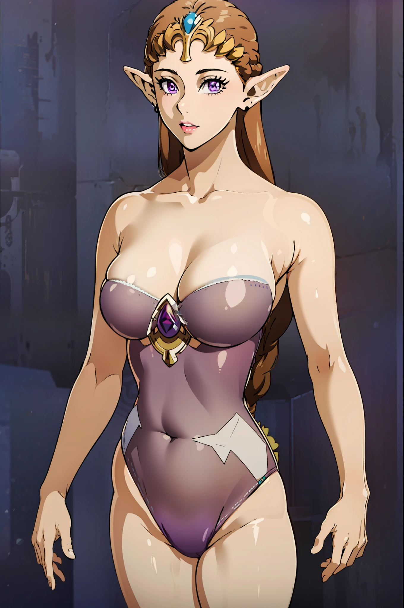 8K High Quality,highly accurate,princess zelda,Beautiful figure,Beautiful face,a small face,Full body,Twilight Princess,Beautiful,Leotard,Purple Dress,Bright,highlight in eyes,small ears,Brown hair,Sexy,ultra gigantic tits,extra large tits,Big ,,Erotic,Illustration,Micro Bikini,beautiful line art.