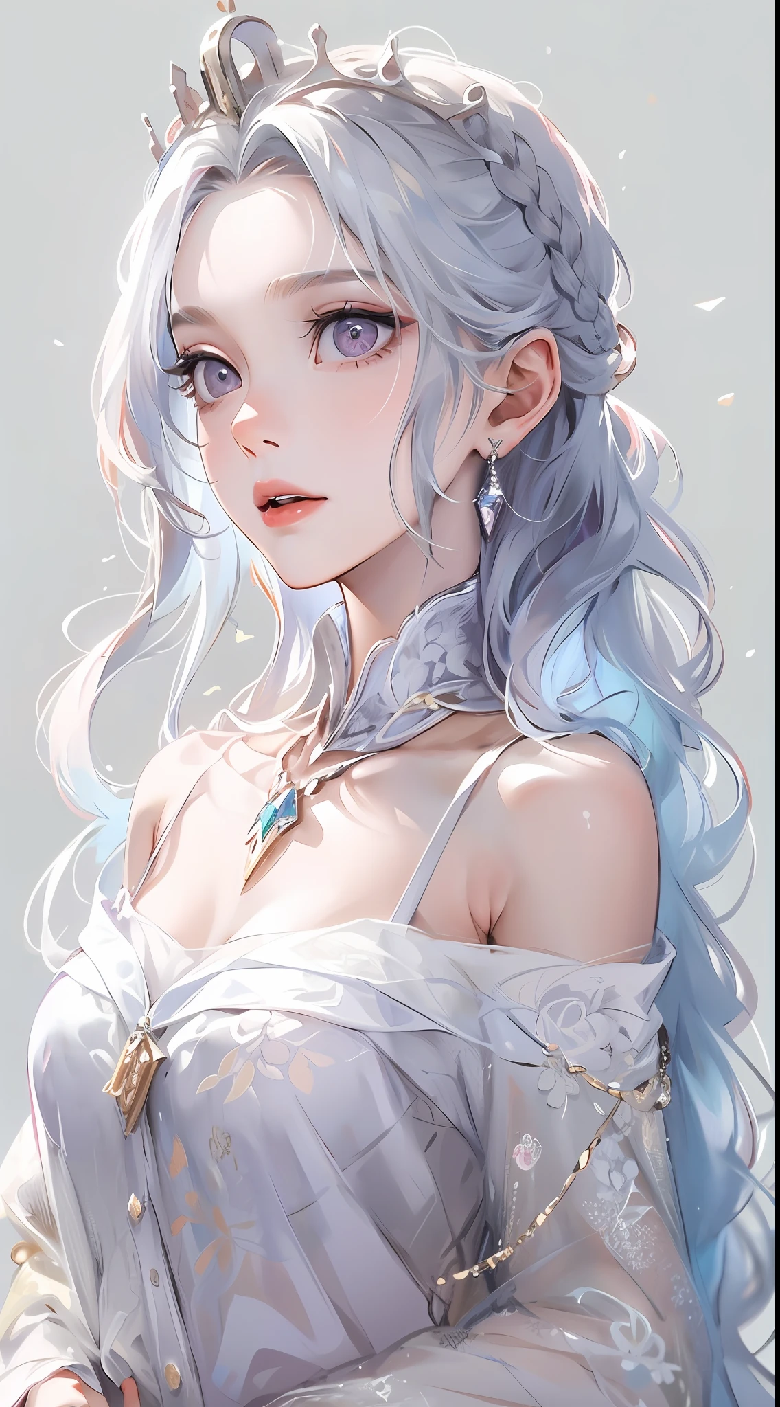 Best quality, highly detailed, masterpiece, ultra detailed, (reality: 1.2), 1 girl, (white background), simple background, delicate eyes, silver hair, purple eyes, hair_ornament, (white off-the-shoulder shirt: 1.3), long hair, pointy_ears, crown_braid, expressionless, straight hair, (++ sitting: 1.2), room,