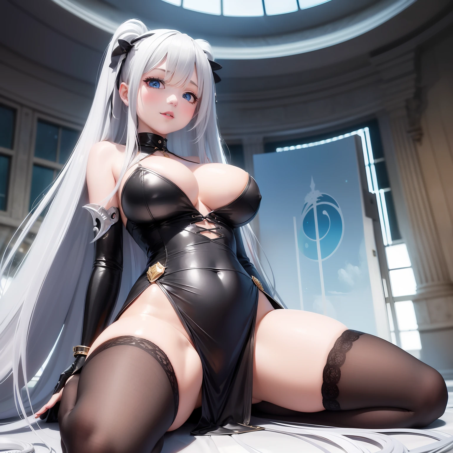 view from directly below, high image, super detail, high resolution, anime, manga, illustration, sit astride, straddling, wariza, yokozuwari, intelligent beauty, ecstatic expression, amorous expression, seductive look, laugh like a prankster, happy, shy, alluring moist half open red lips, flowing layered messy half-up knitting light silver hair style, sparkling blue eyes, huge breasts, slender, full body, black knee high socks, thighs, knit dress flared mini skirt, background Northern Renaissance style, fantasy, galaxy, magic circle, kaleidoscope, give off rainbow and gold neon light many lines radially from floor and ceiling, cyber punk, water droplets, splashes