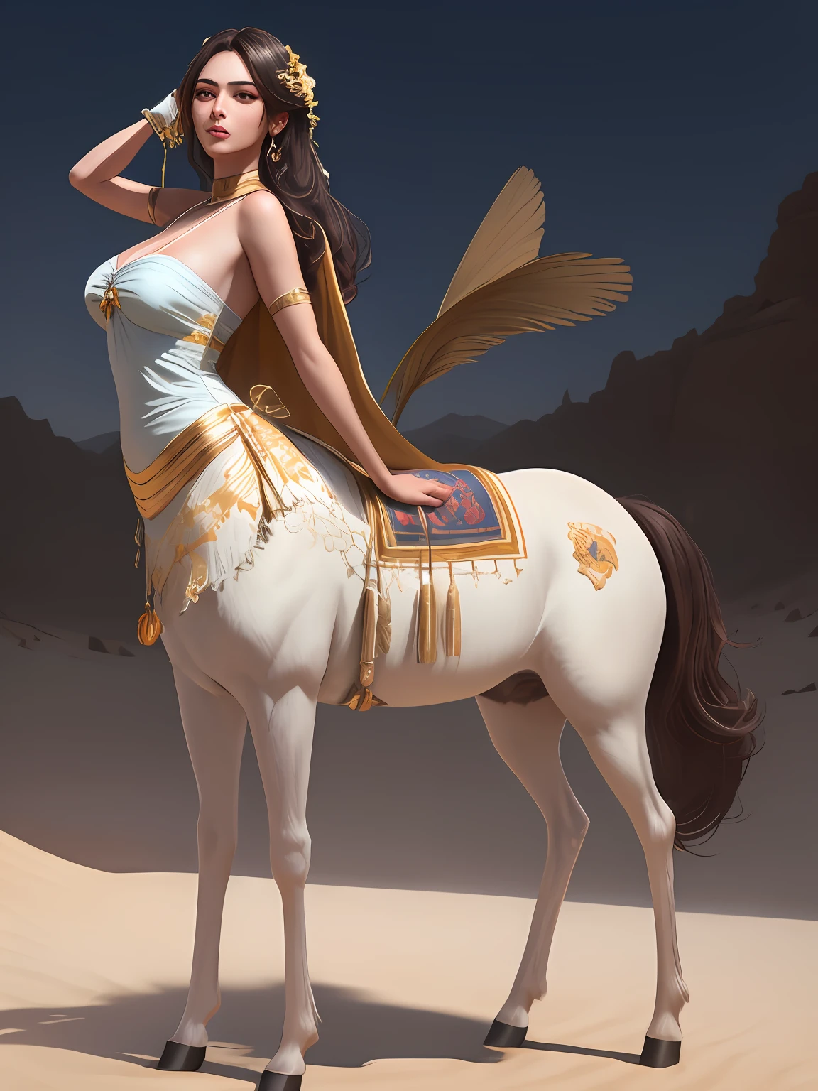 Centaur woman in gold high heels,The background is in the steppe Gobi Desert,exquisite facial features,beautiful face,The long hair of the shawl uniformly extends to the waist,Unbeatable,delicated,Hyper-realistic,Photorealsitic,8K,unreal-engine,ultraclear,Environment and protection from light,Vista mode,artwork of a,masterpiece,High-resolution path,best qualtiy,Photoreal