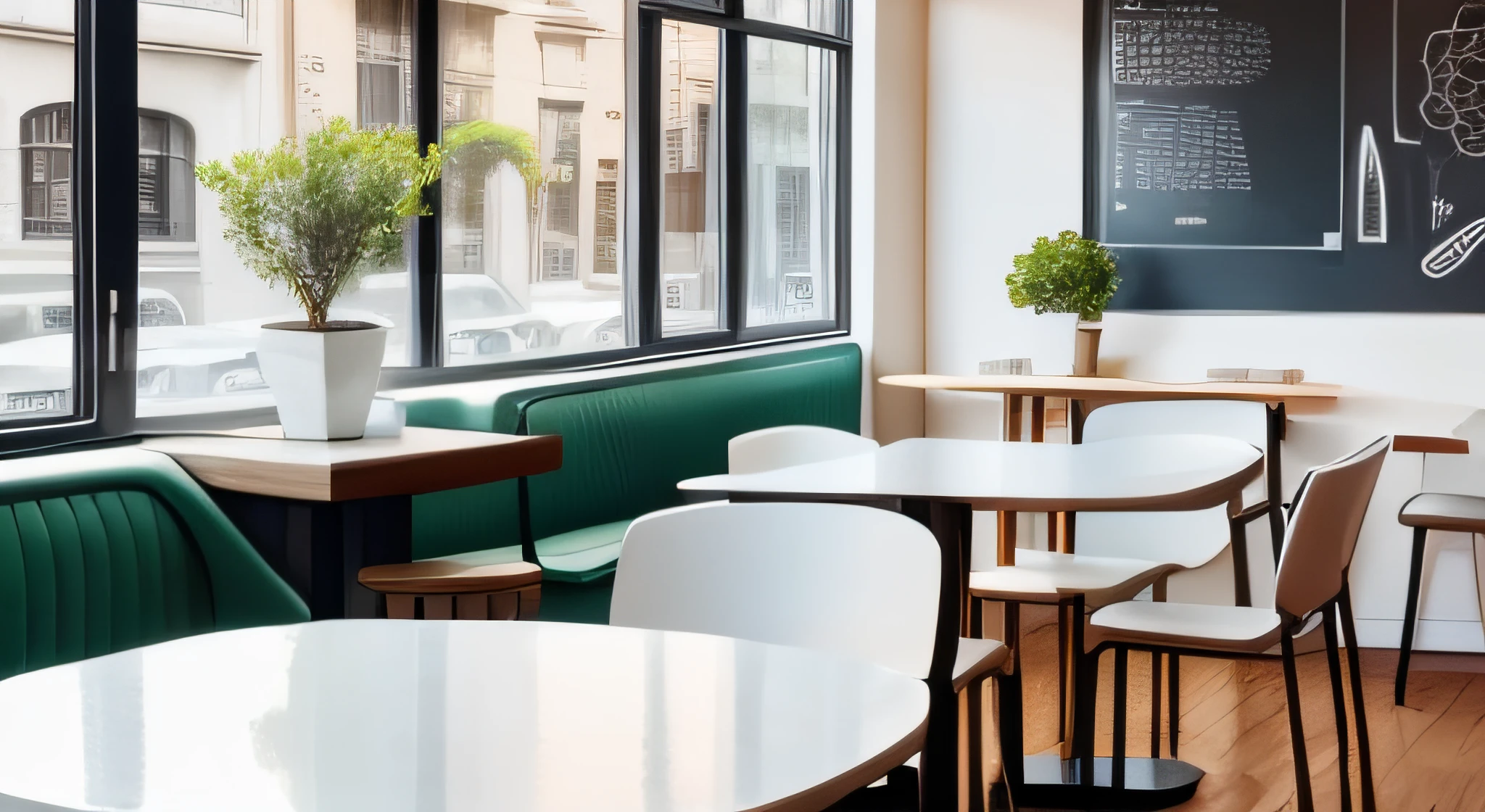 Illustrations like picture books、no human figures、unmanned、cafes、Inside a stylish café、Bright atmosphere、Bright interior、cute interior、White table、white chair