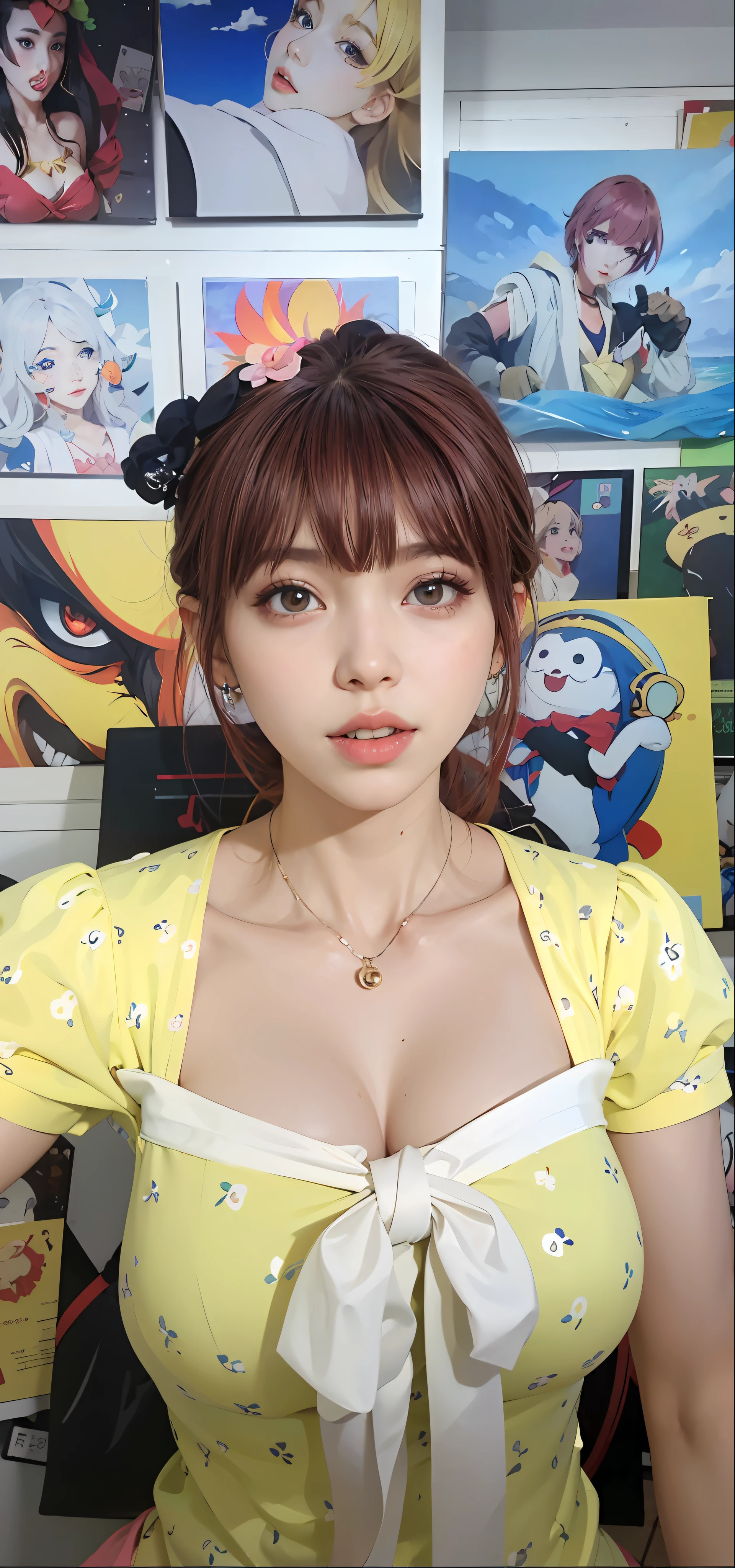 arafed woman in yellow dress posing in front of a wall of anime art, young beautiful amouranth, sun yunjoo, sakimichan, amouranth, better known as amouranth, popular south korean makeup, belle delphine, ruan cute vtuber, korean girl, beautiful south korean woman, lalisa manobal,