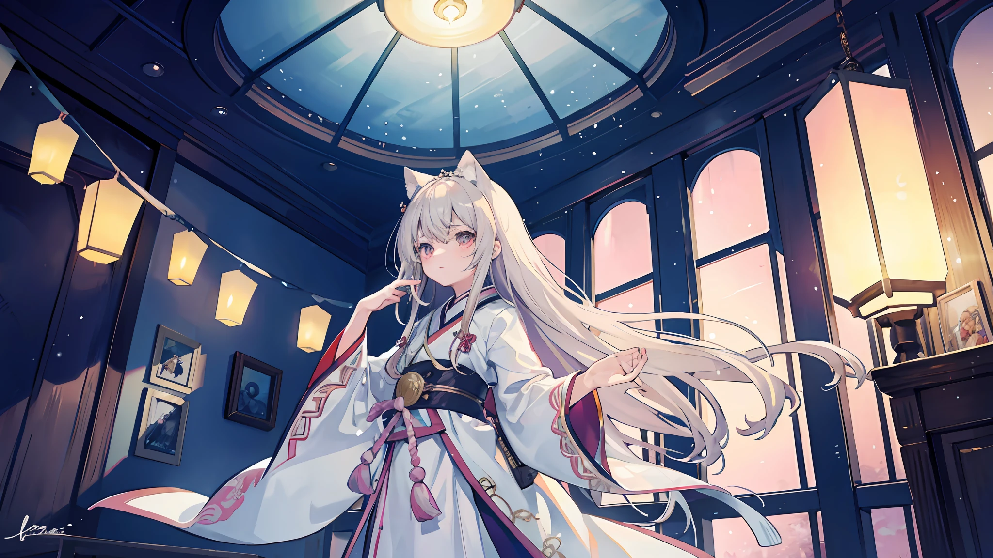 Need,tmasterpiece,A high resolution,,exquisitedetails,A high resolution,Wallpapers,（Adult women），独奏,Manteau blanc,hair adornments,Long white hair, A brown-haired, trinkets, longer sleeves, Raise Hand, Wide sleeves, Big eyes, Fluttering, （ Hanfu）, Embroidery, Robe, natural poses, inside in room,Lanterns，16k，hdr，A high resolution，depth of fields，（filmgrain：1.1），Bocoon，prime time，（lens flare glow），Vignette，rainbowing，（Color：1.5），salama