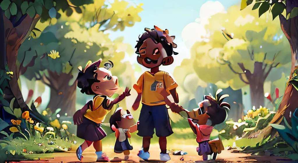 title: "Joy in Small Gestures" Prompt: Create an ultra-childlike image that depicts 5-year-old African children, Sofia com 6 anos de idade, Pedro com 7 anos de idade e Alice com 7 anos de idade, se preparando para a corrida, while understanding the importance of small gestures of kindness. The scene takes place in a park full of trees and vibrant flowers, conveying a sense of harmony and serenity. African children are involved in different acts of kindness, como ajudar o vizinho idoso com suas sacolas, playing with a lonely classmate at school and smiling at someone who is having a rough day. Seus rostos irradiam alegria e empatia, showing the positive impact these actions have on the lives of the people around them. Use cores vivas e uma atmosfera acolhedora para transmitir a ideia de um mundo mais feliz, where competition in the race is balanced with acts of kindness and compassion.