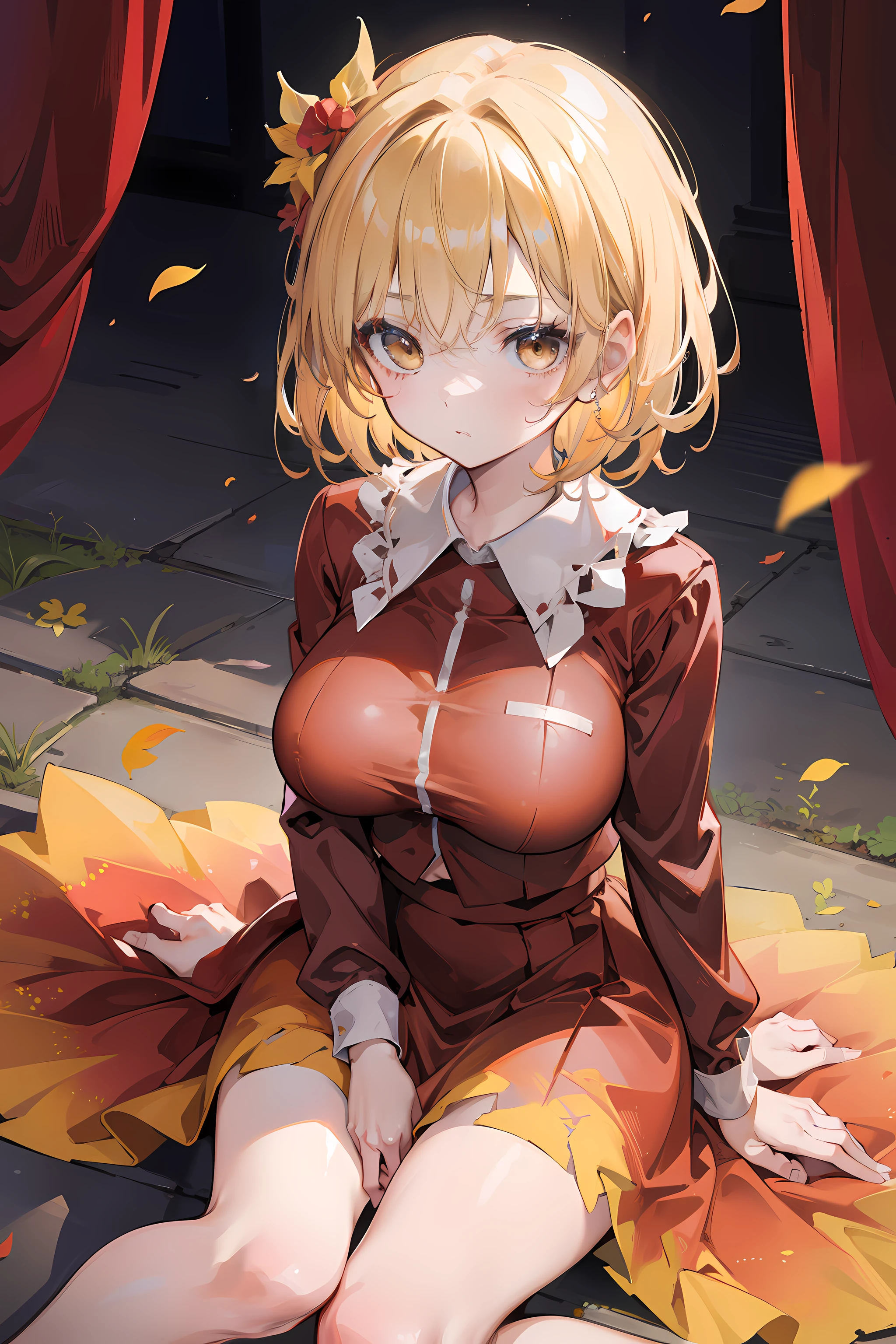 (masterpiece),best quality, expressive eyes, perfect face, 1girl,
big breast, H-cup, good breast, beautiful, gorgeous,anime,girl,lora, floating clothes,w sitting, w sitting on ground, legs on ground, Hands between thighs, arms between legs,aki shizuha,1girl,aki shizuha, blonde hair, short hair, yellow eyes, leaf hair ornament,red shirt,skirt,long sleeves,curtain chest ,hands on hips, hands on waist